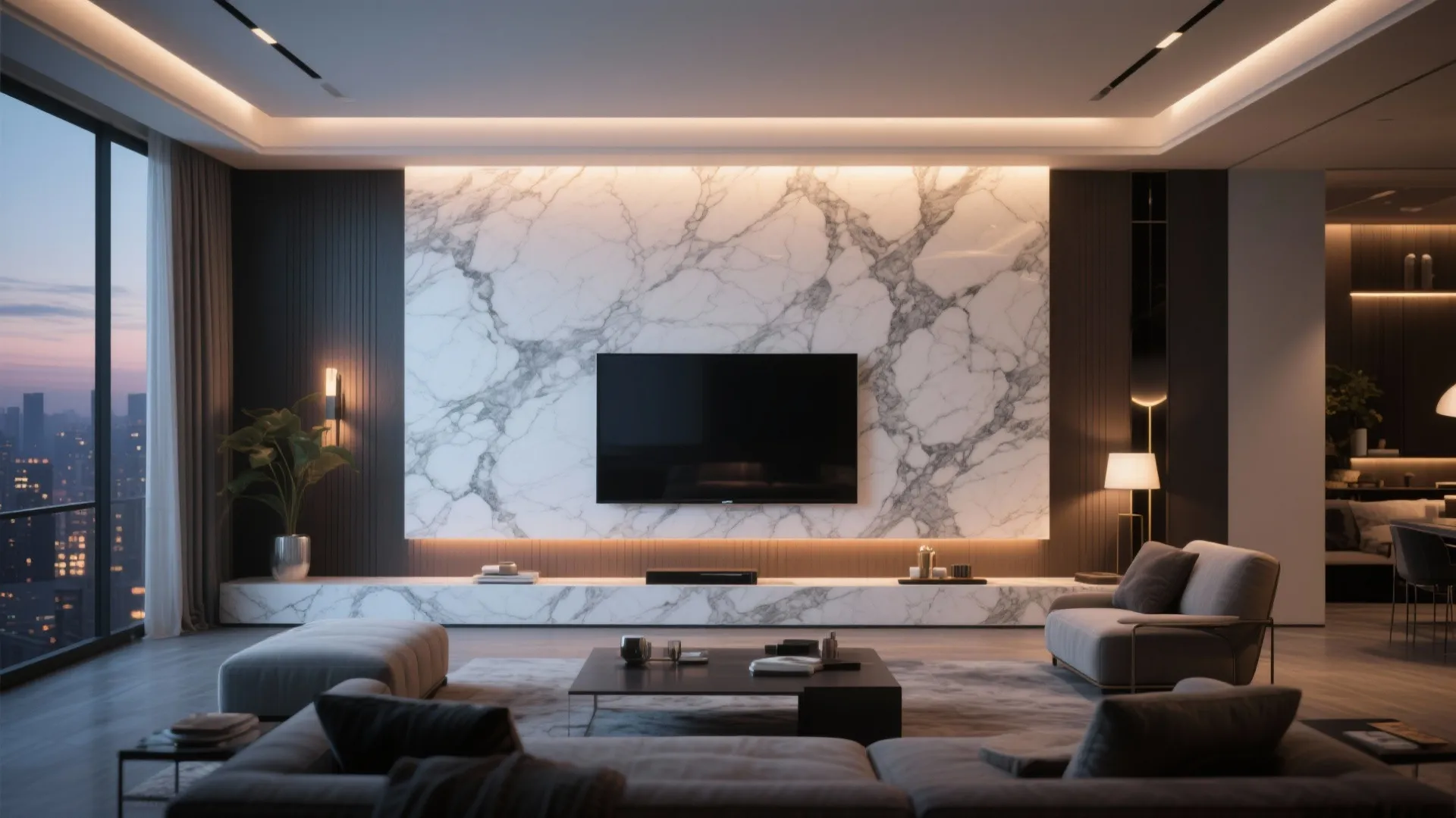 Modern living room featuring a large marble wall panel behind a television with hidden lighting