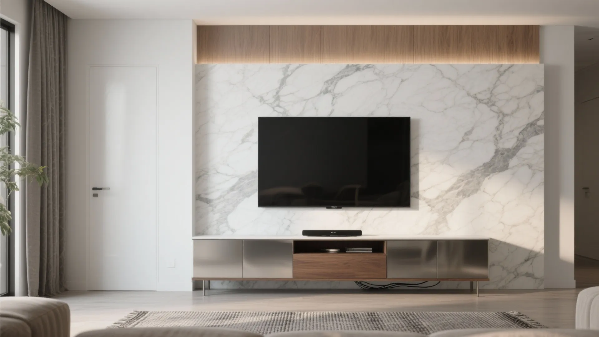 Modern living room with marble wall panel large television screen wooden cabinet and white interior door