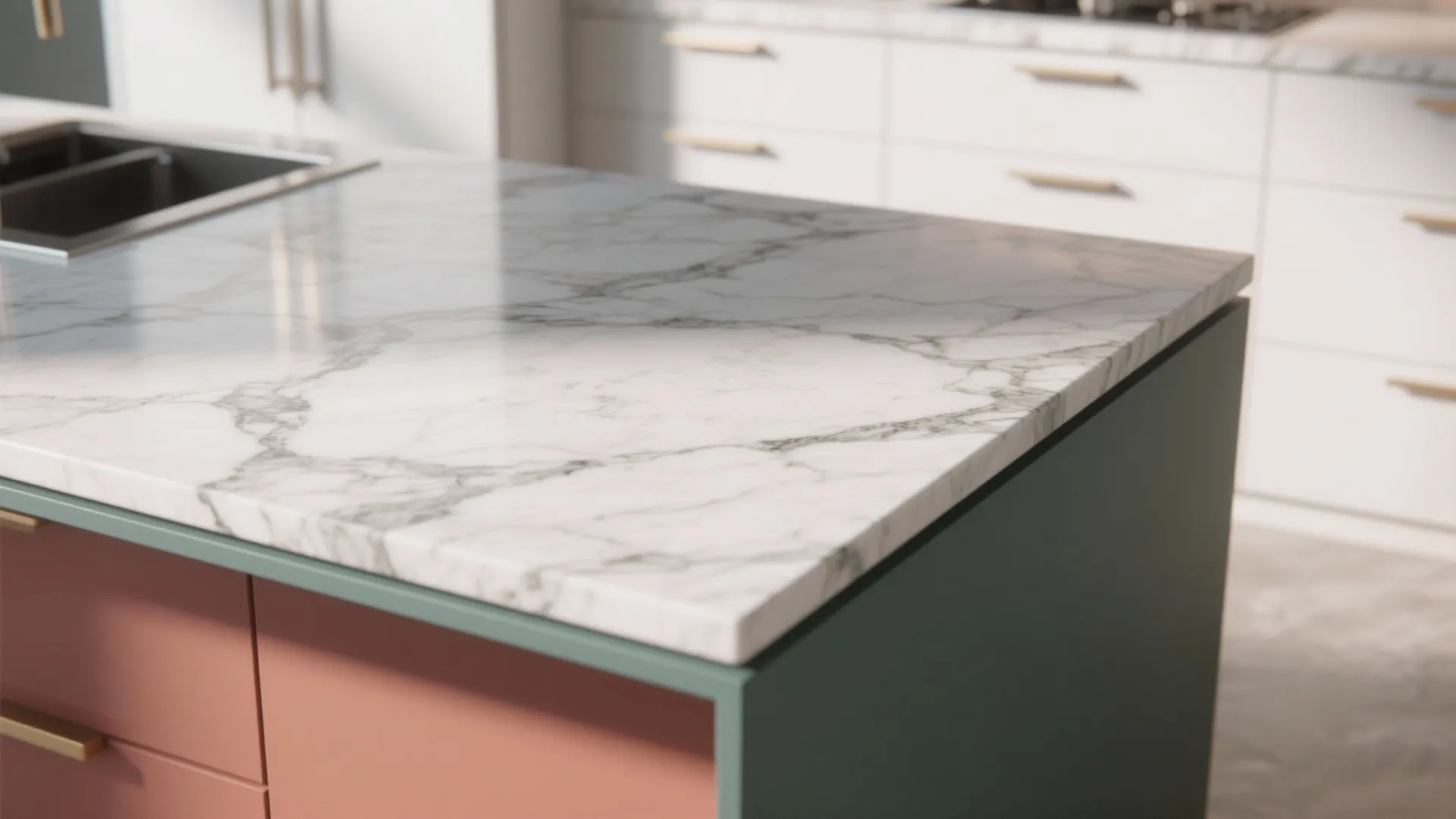 3. Two-tone marble top island for luxe contrast