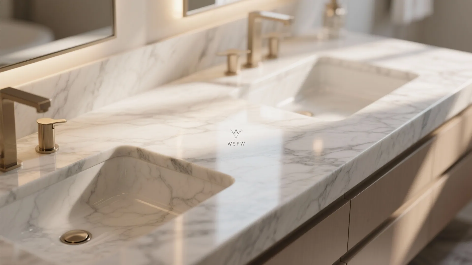 Modern white marble bathroom counter with two built in sinks and elegant gold water faucets