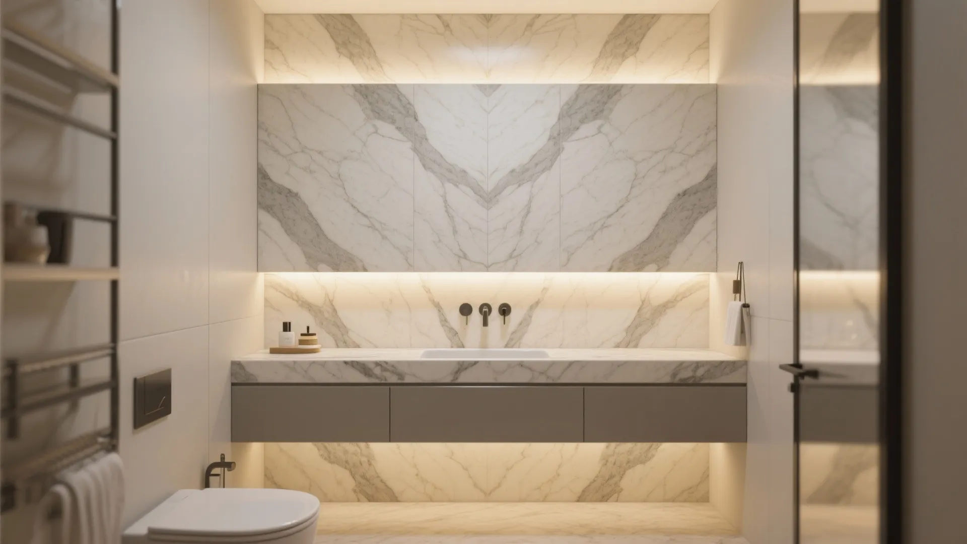 1. Bookmatched marble vanity wall