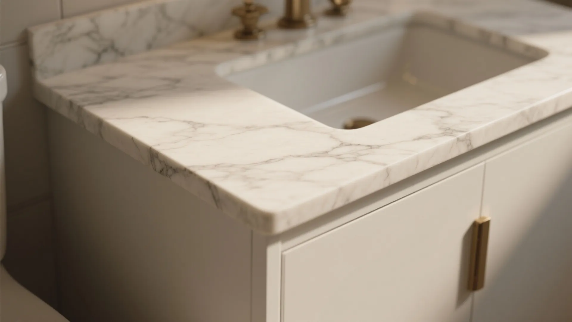 Modern marble bathroom sink counter with gold faucet and white cabinet in a bright room