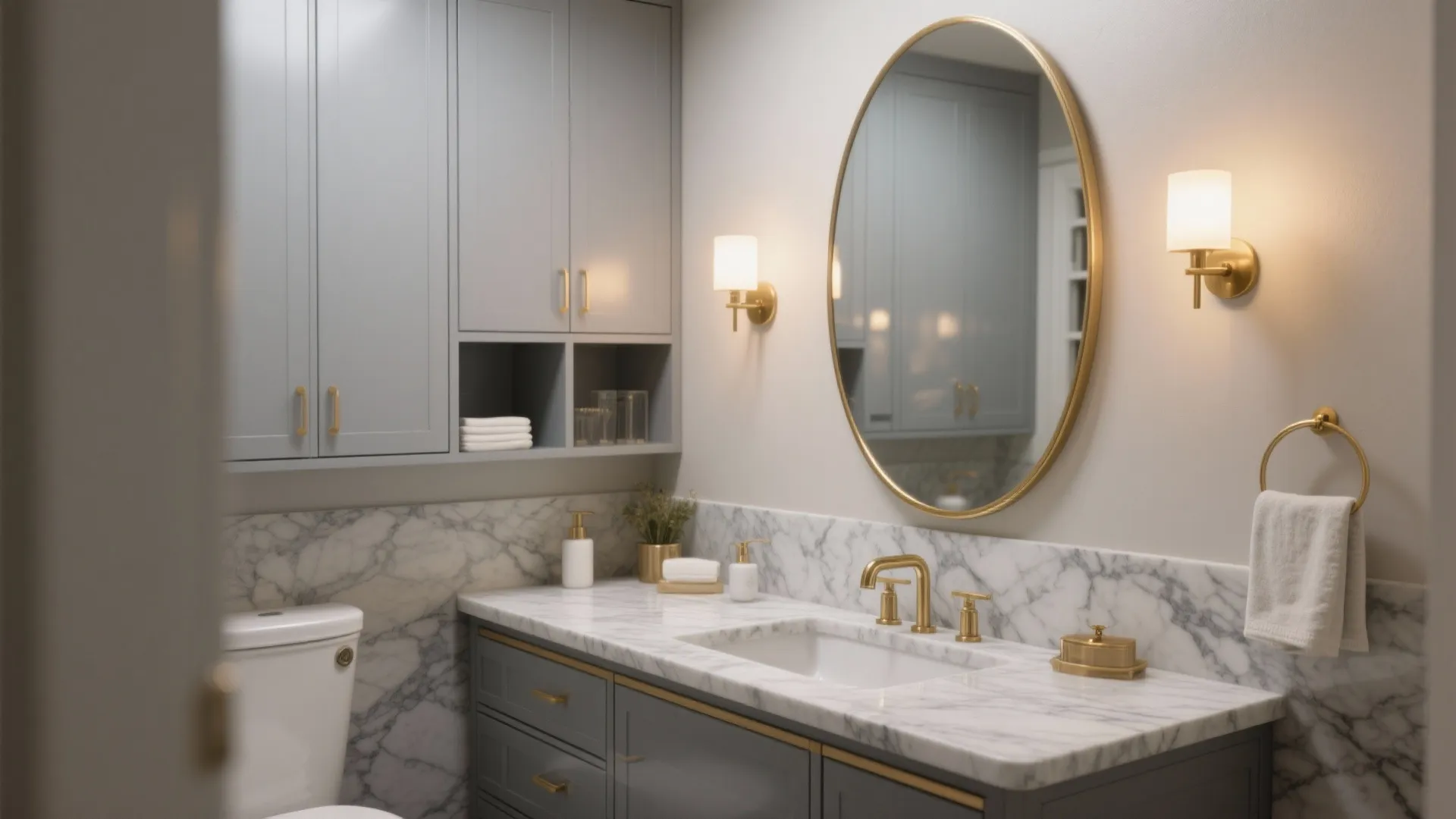 Gray-veined marble vanity with a slim gold oval mirror and warm wall sconces.