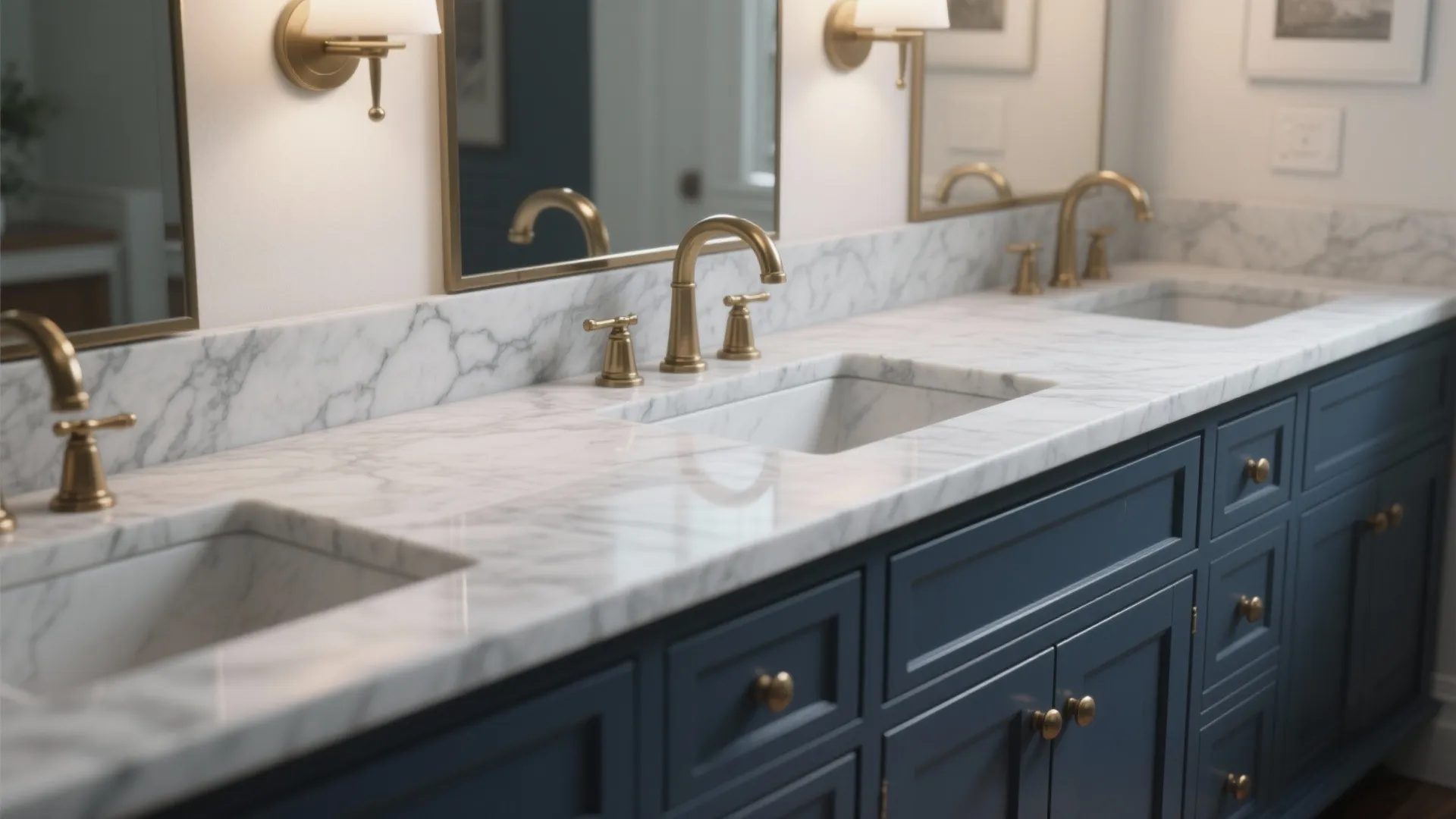 2. Gray Marble Vanity with Navy Cabinetry