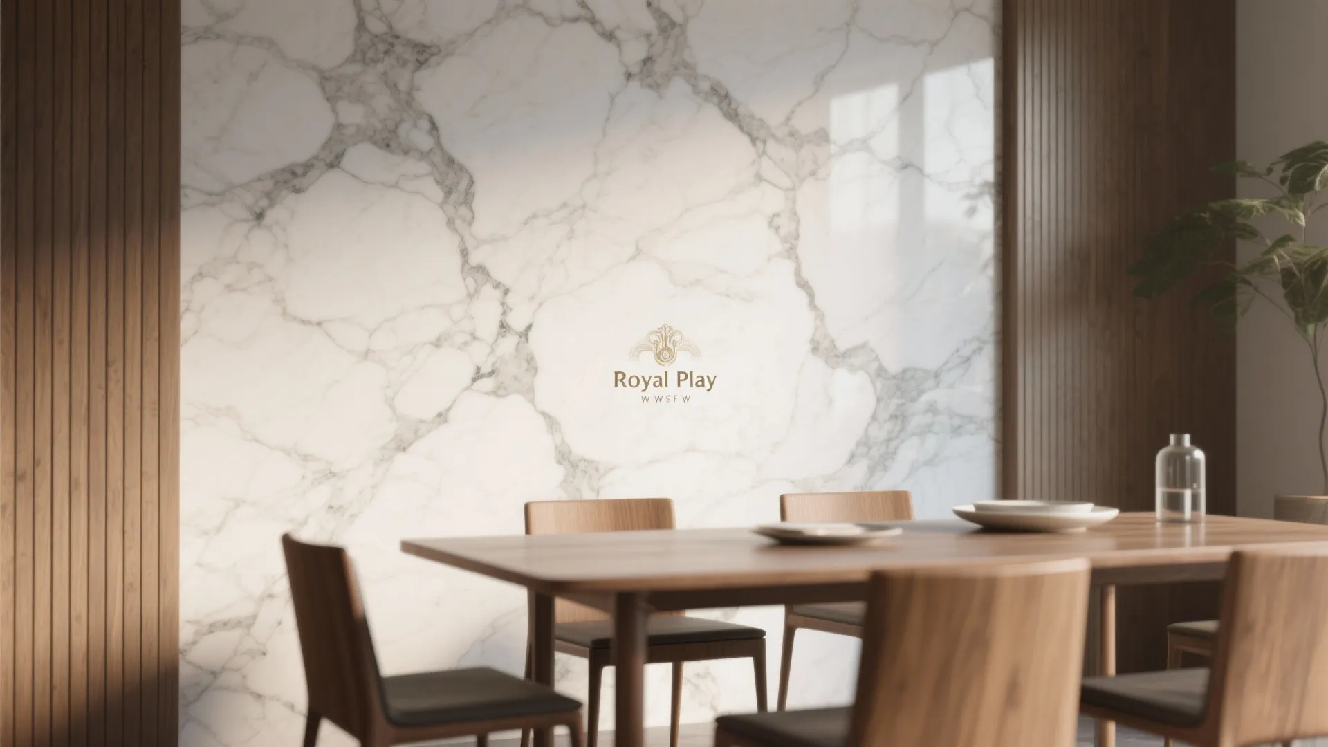 Dining room with wooden table and chairs featuring a large white marble wall and green plant