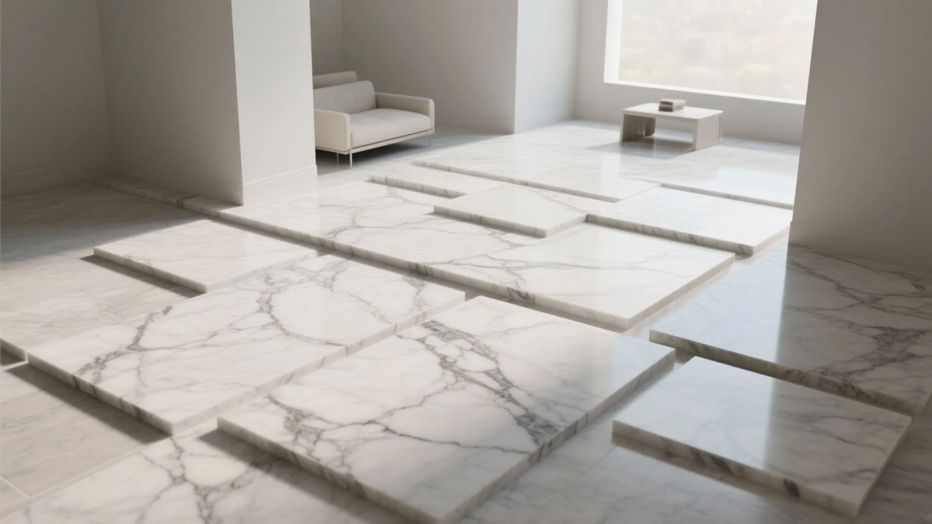 Empty room with white walls and marble floor tiles showing large natural grey vein patterns