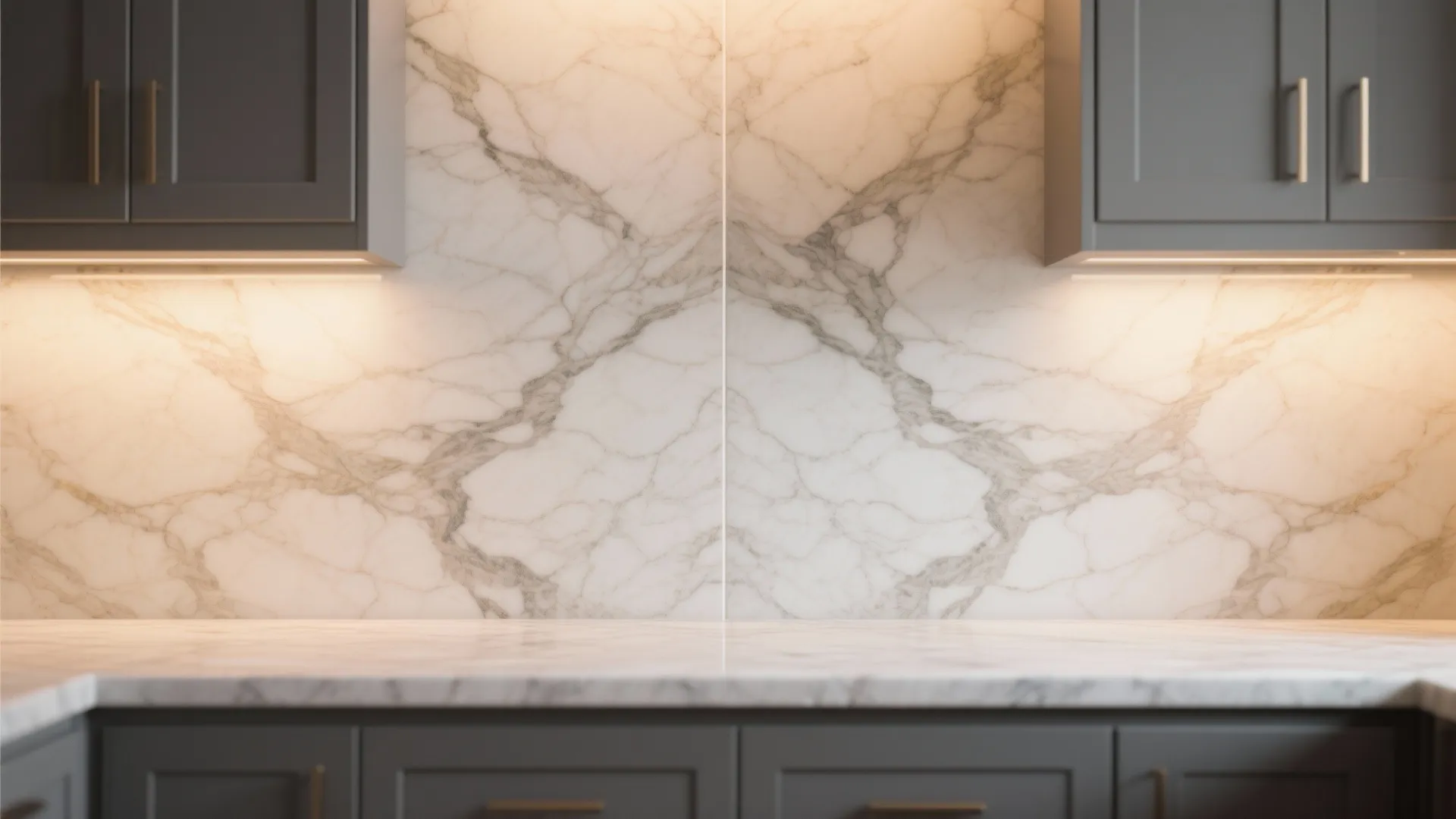 Bookmatched marble slab backsplash with warm veining against gray cabinets, close-up showing polished texture and seam placement.