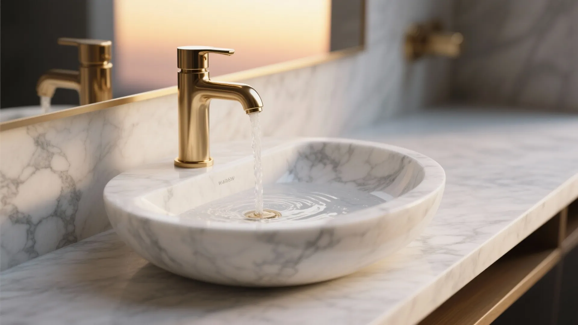 Modern marble bathroom sink with gold faucet and flowing water on a stone counter top