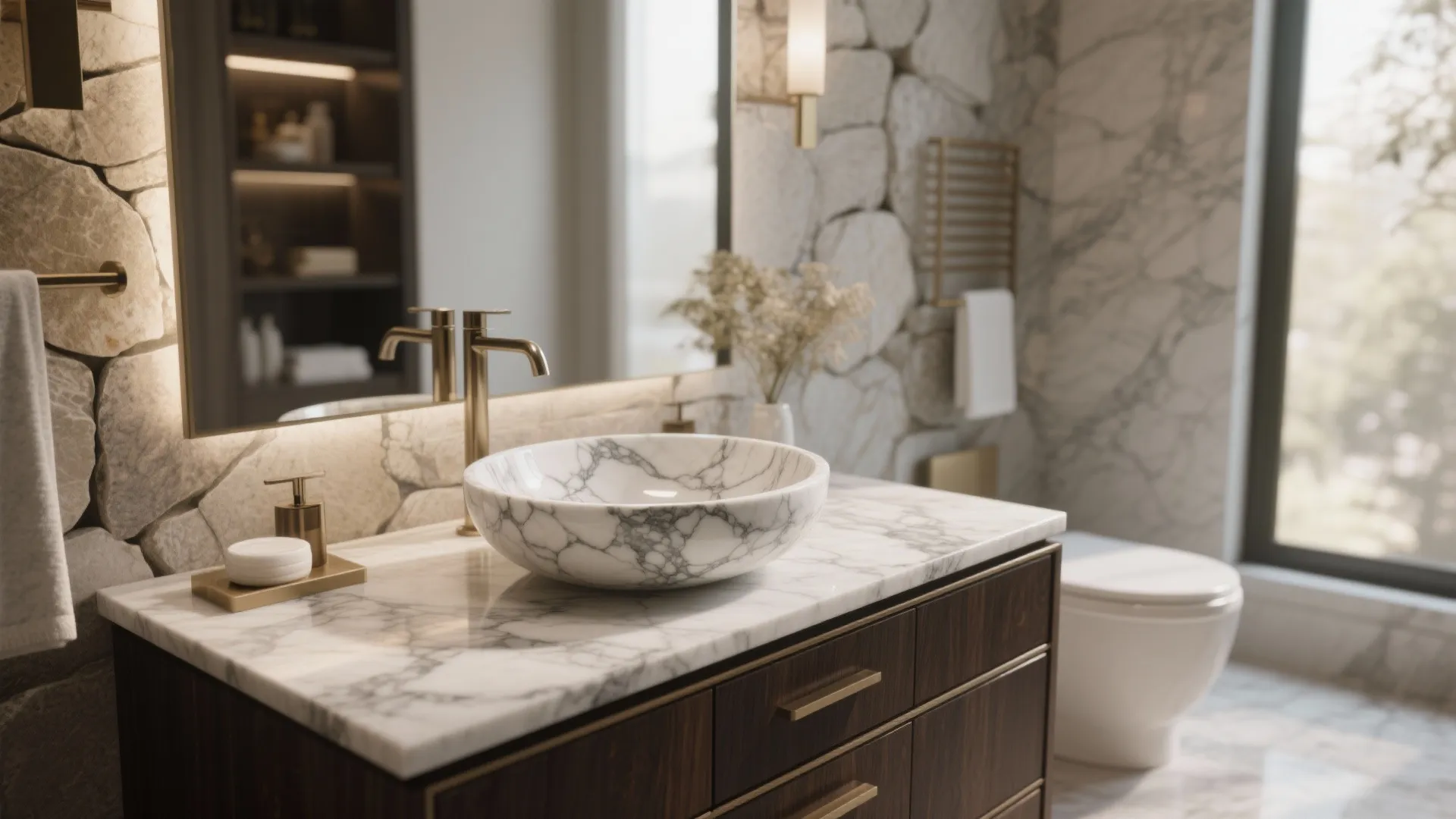 Luxurious marble vessel sink with elegant veining on a dark wood vanity