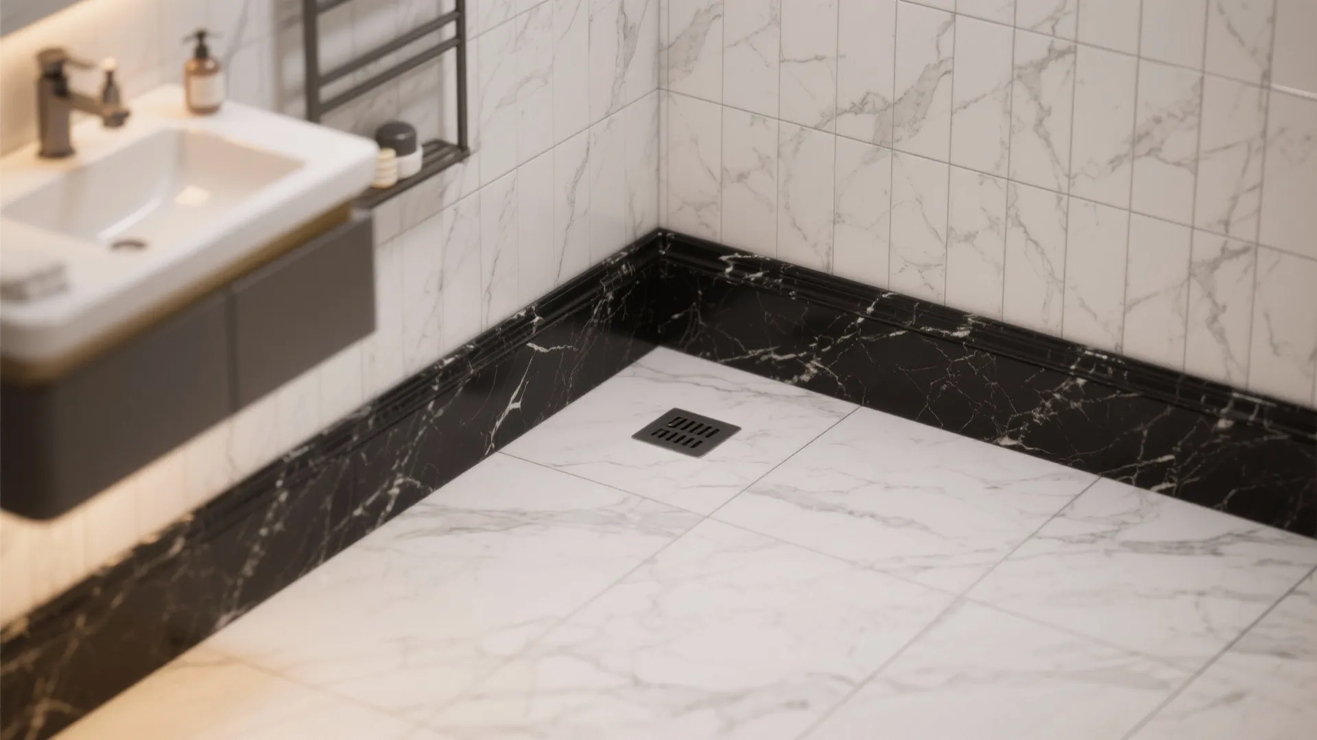 5. Mix materials: black marble base with waterproof vinyl walls