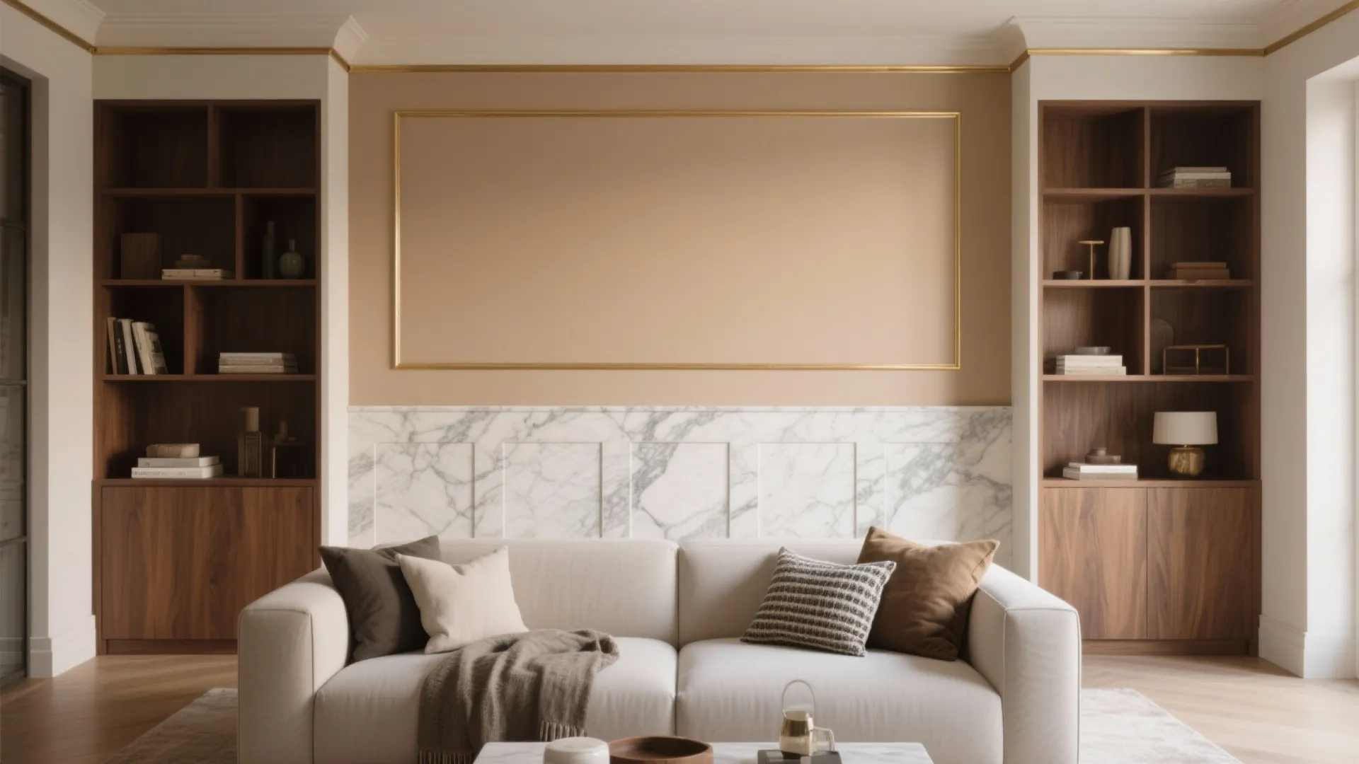 Elegant living room with white sofa marble wall panel wood cabinets and golden wall frame