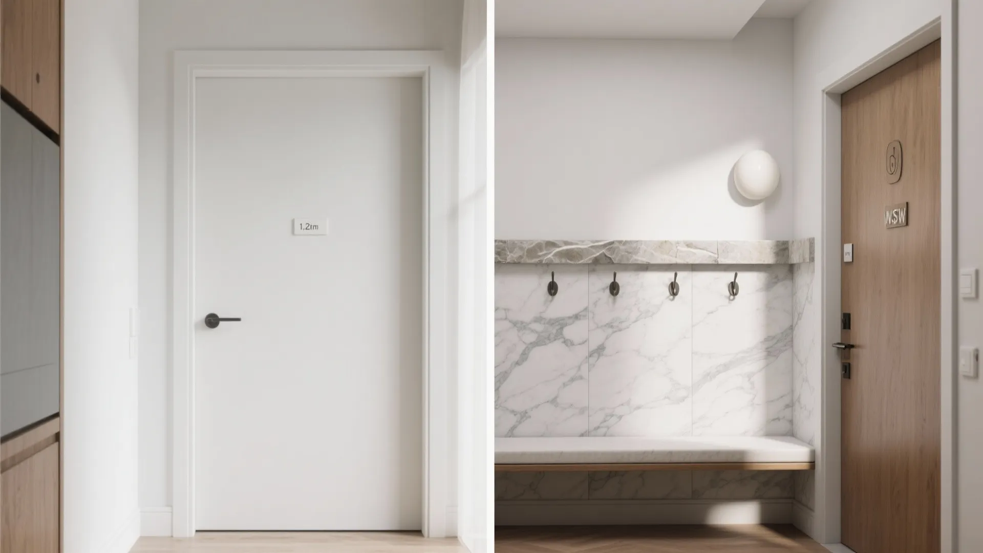 Comparison of a plain white door next to an entryway with marble wall panel hooks