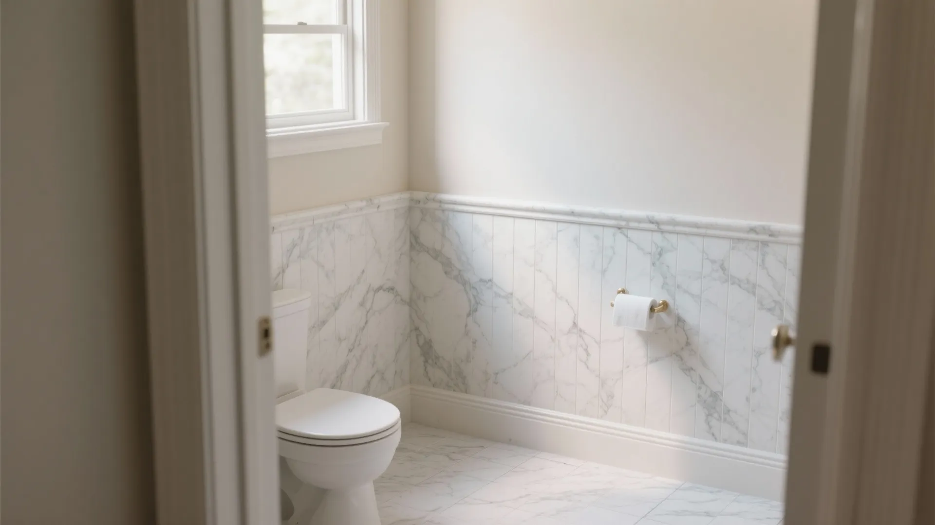 Bathroom with half-wall marble tile wainscoting