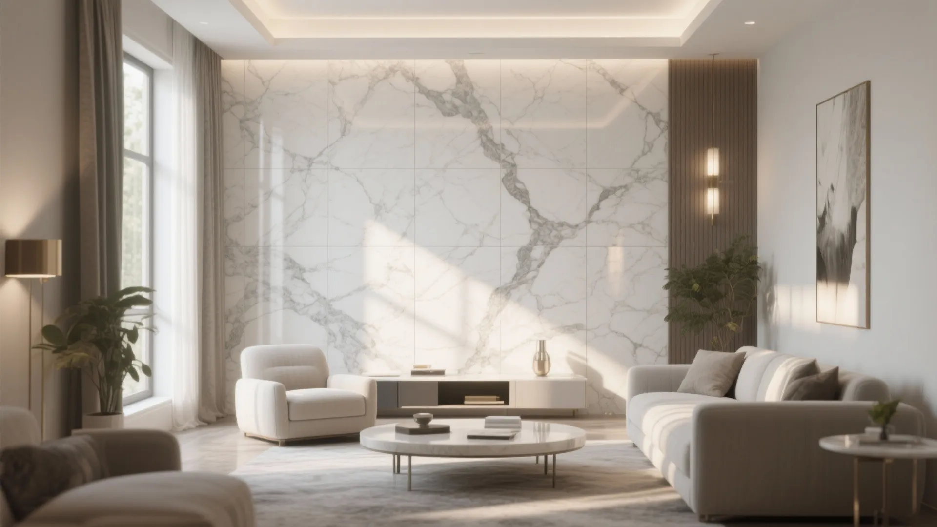 Modern living room with marble wall panel cream sofa white armchair and marble coffee table
