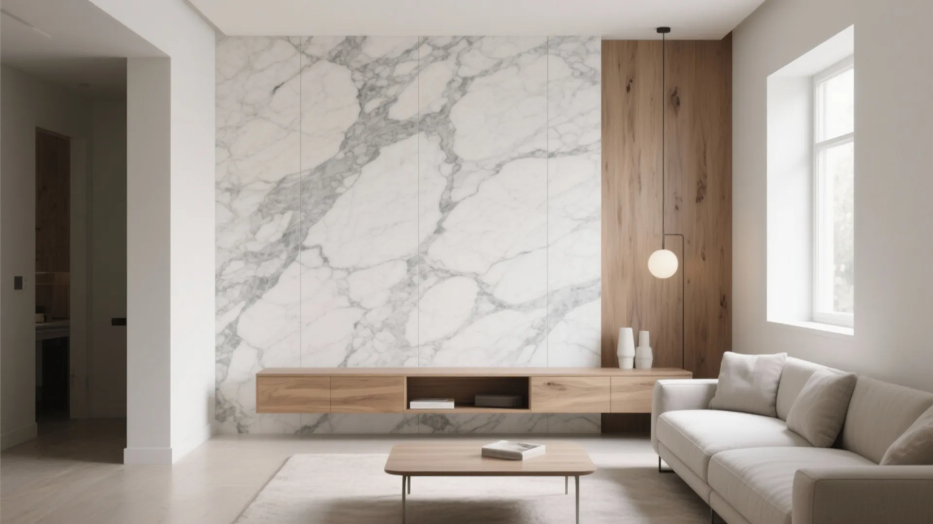 Modern living room with white marble wall panel wooden cabinet white sofa and round light
