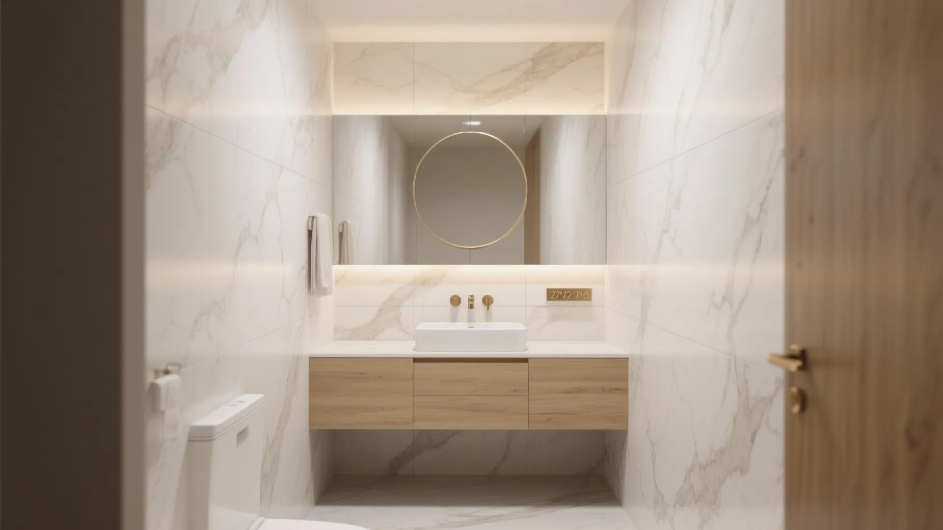 Narrow bathroom with marble-look digital wall tiles for a calm spa feel, warm beige veining, satin finish, and brass-accented vanity.