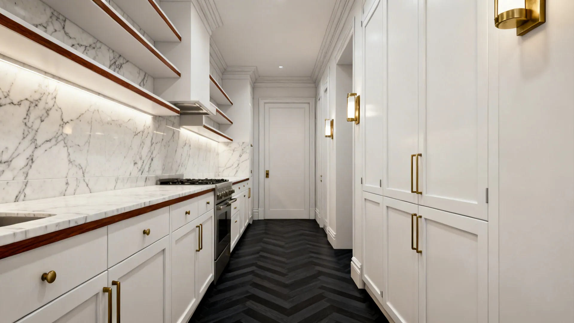 Porcelain Marble-Look + Walnut Trim + Ink-Dark Chevron Floor