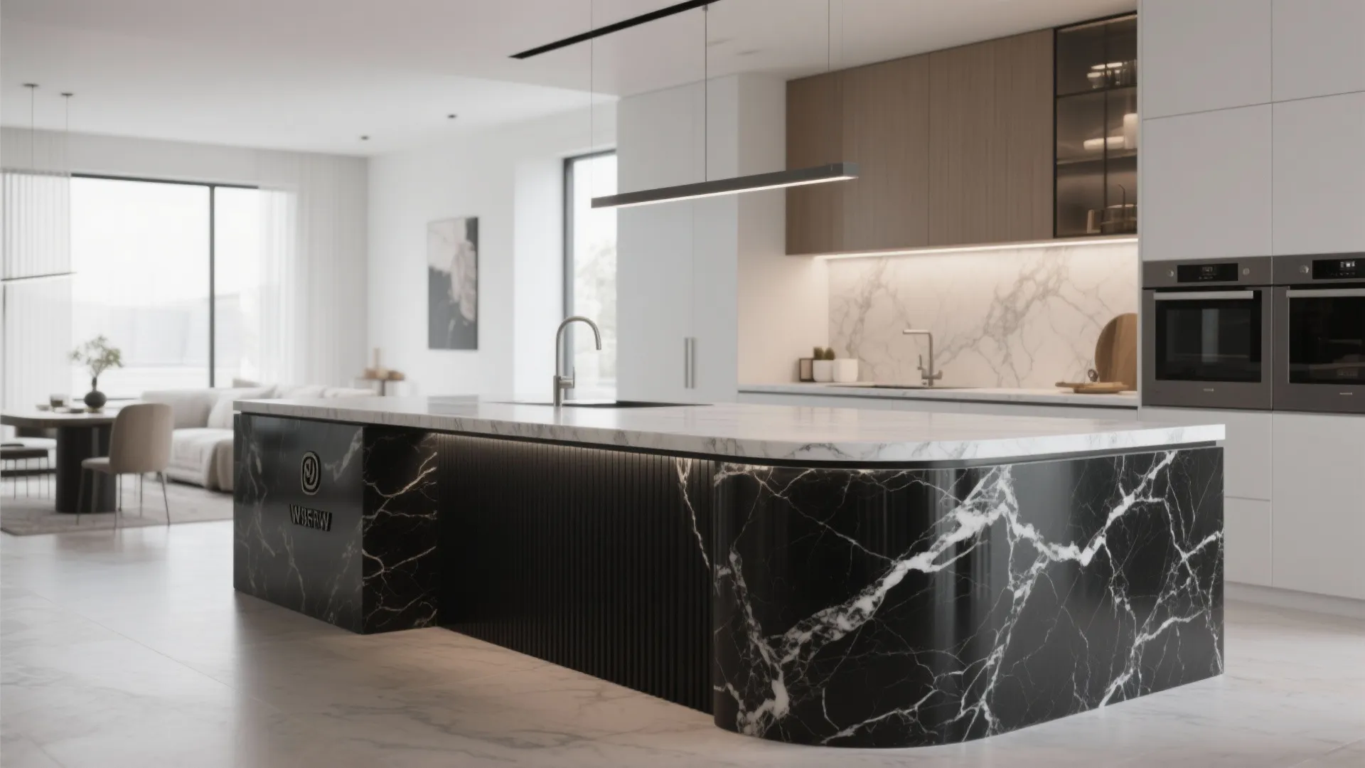 Contemporary kitchen with white marble island black stone details sleek white cabinets and minimalist light fixture