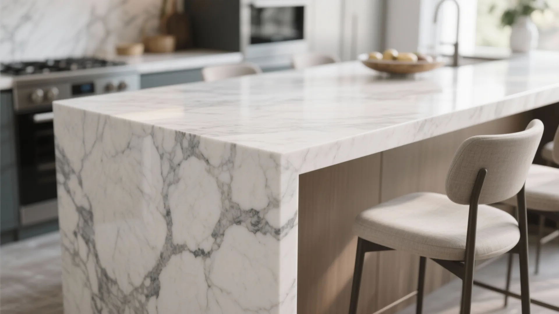 Close up of marble kitchen island with grey chair in modern room showing wood cabinet details