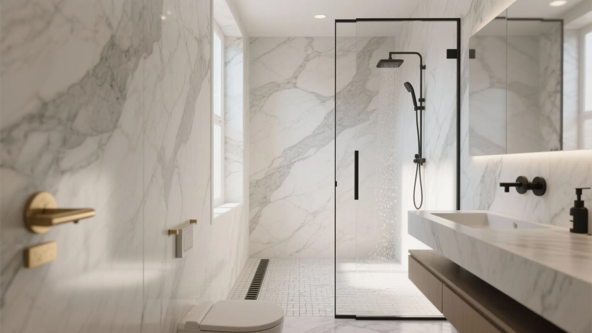 Smart layouts: wet room or L-shaped shower with marble