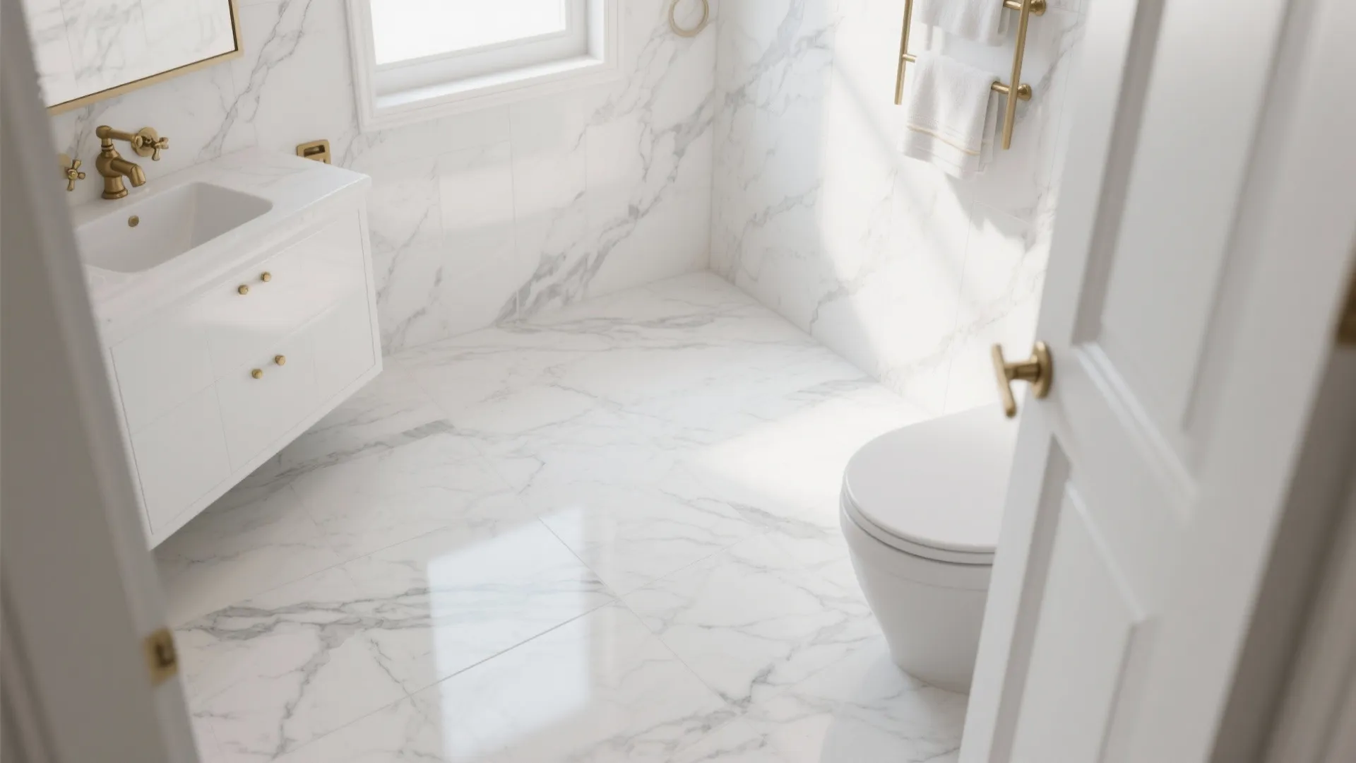 Bright bathroom with white marble floor plus white cabinet and gold handles plus white toilet