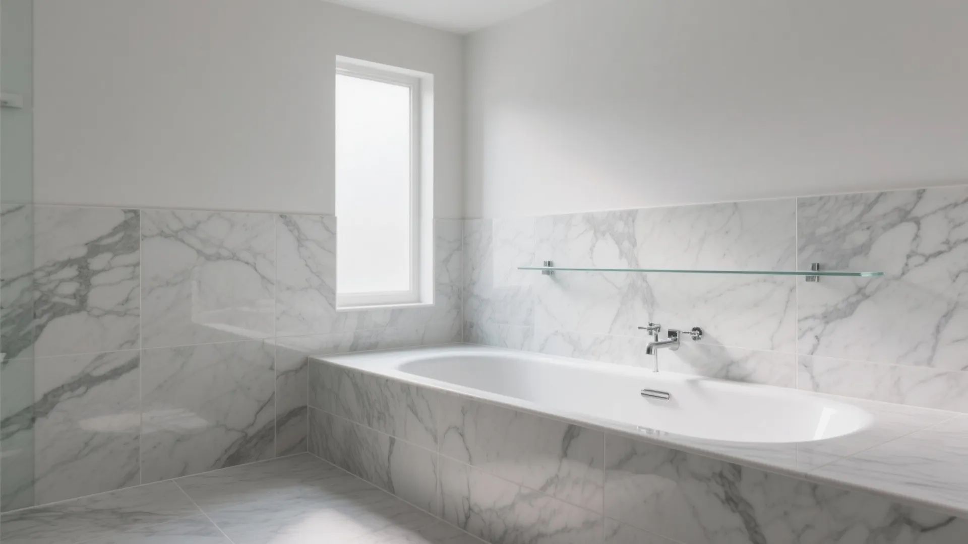Modern bathroom featuring a white bathtub surrounded by marble wall panels and a glass wall shelf