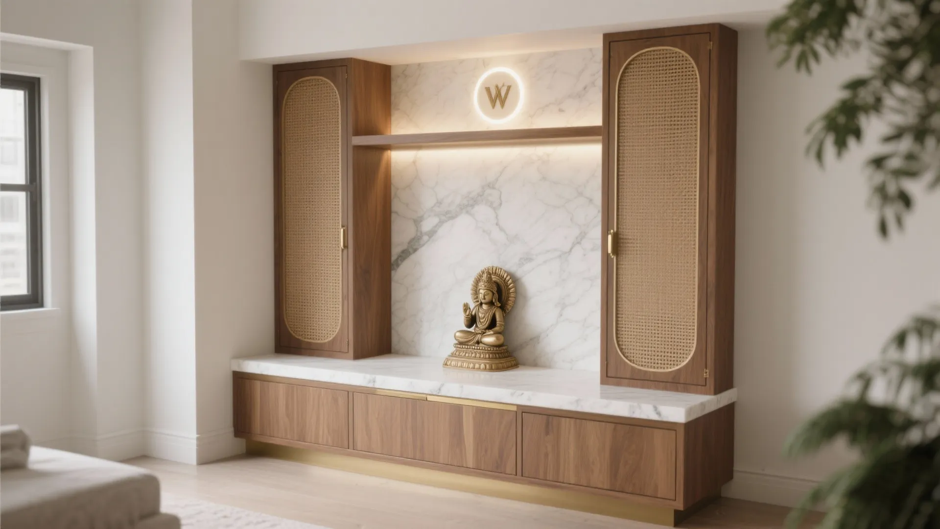 Calm marble-and-wood mandir for small spaces
