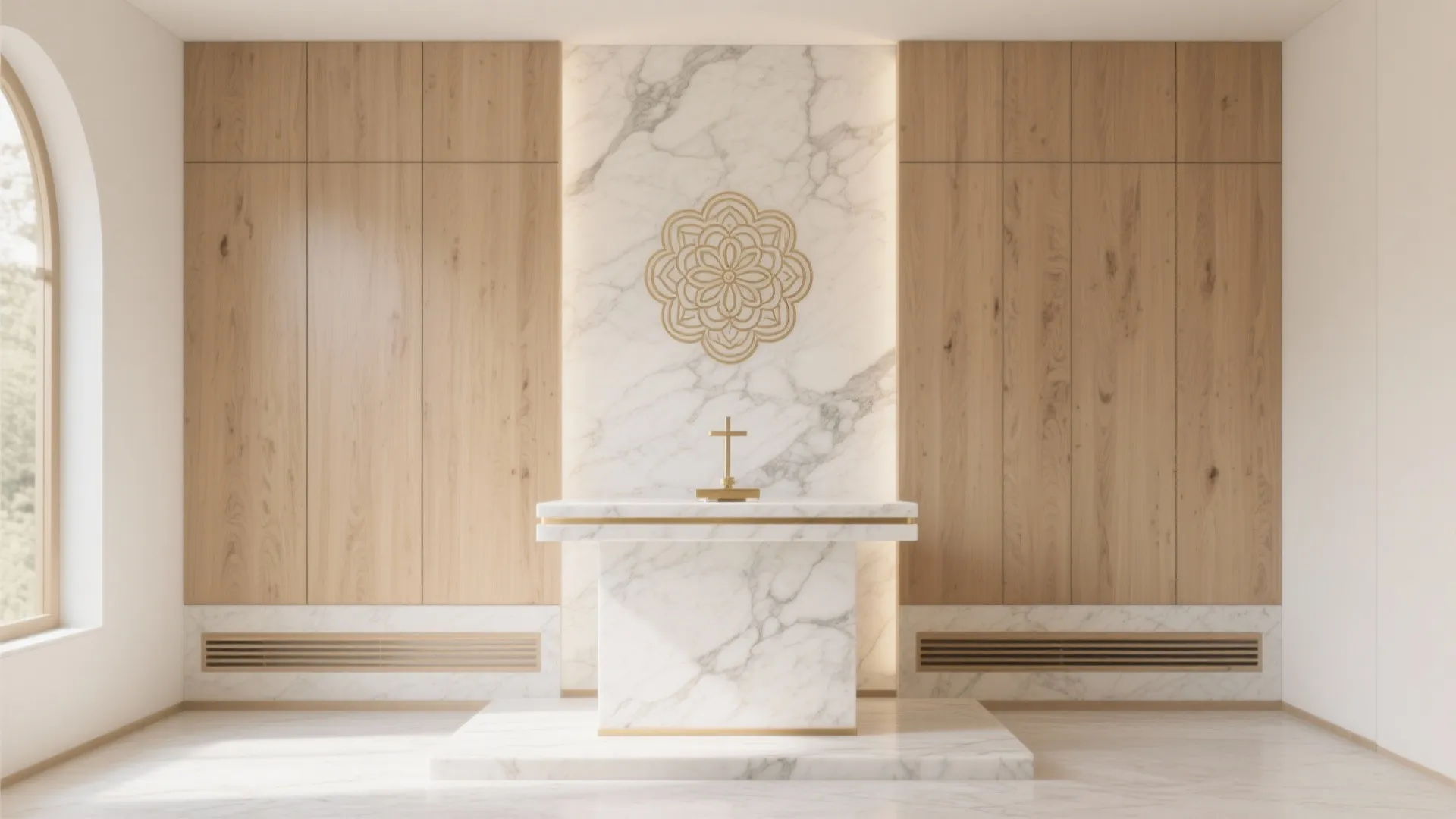 Minimalist marble altar with a gold cross set against wooden wall panels in a bright room