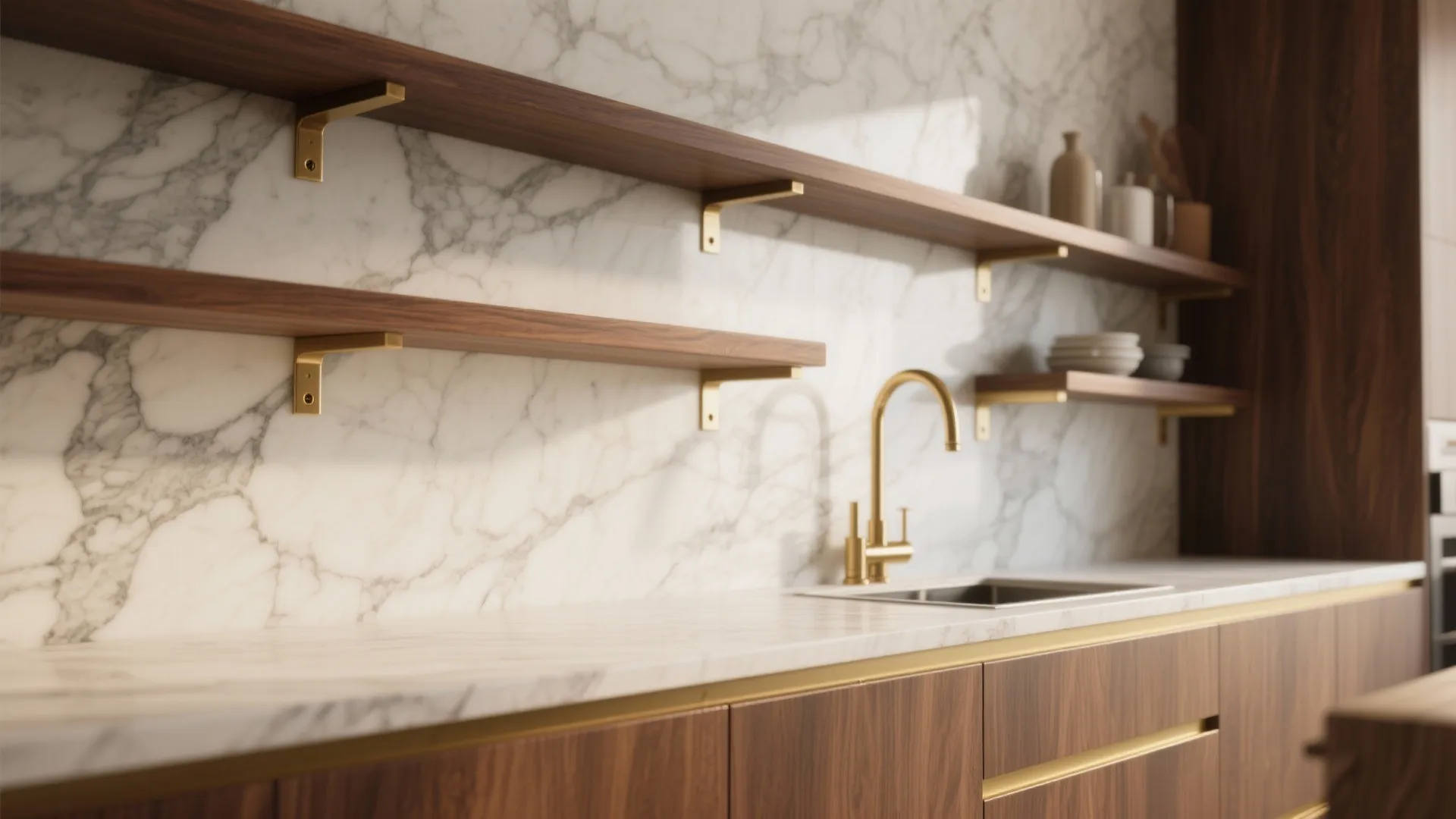 Honed marble backsplash with floating walnut shelves and brass trim, showing warm modern balance and material contrast.