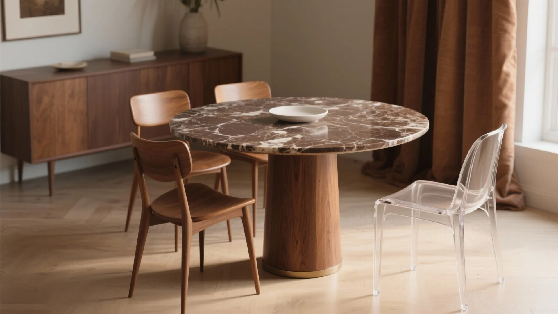 Modern dining room featuring round marble table with wooden base plus wooden and clear chairs
