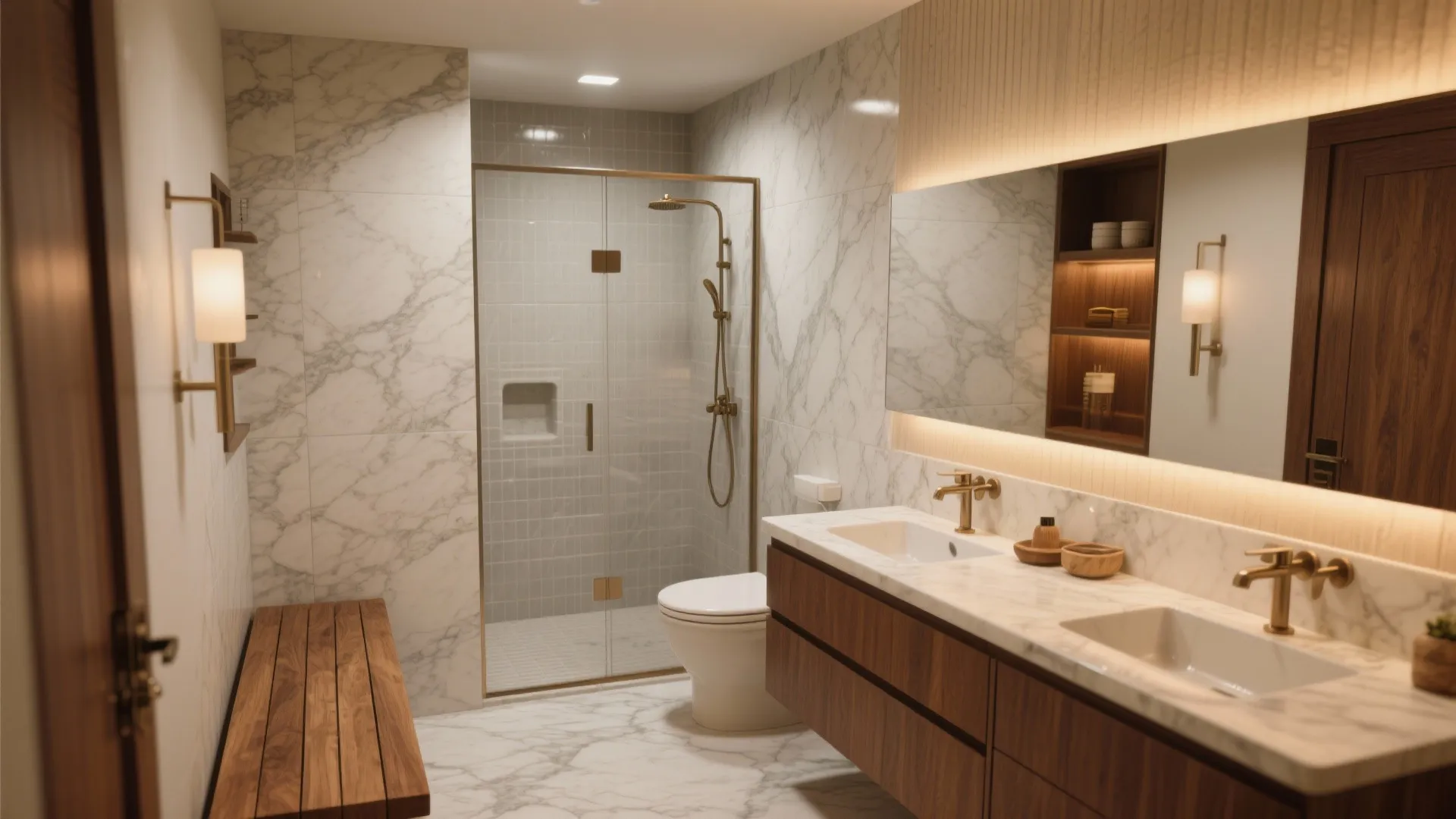 Bathroom with marble shower and teak bench