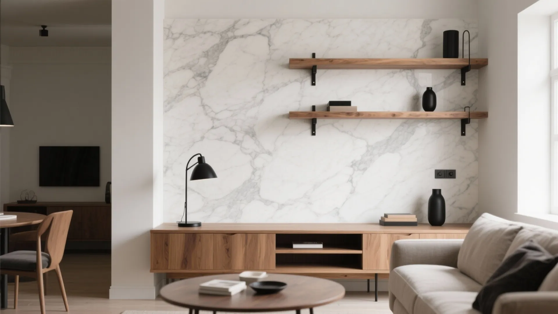 5) Mixed Materials: Marble with Wood and Matte Black