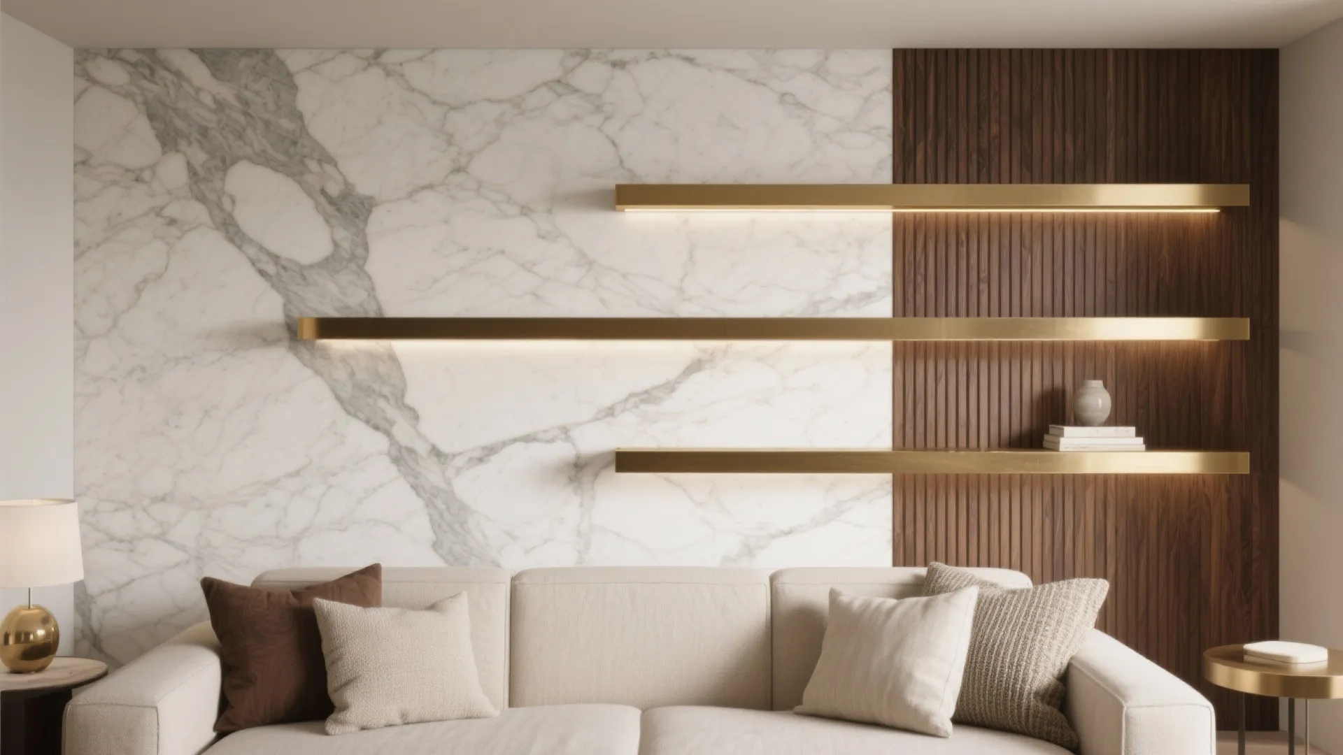 Beige sofa with pillows set against a white marble and dark wood wall with gold shelves