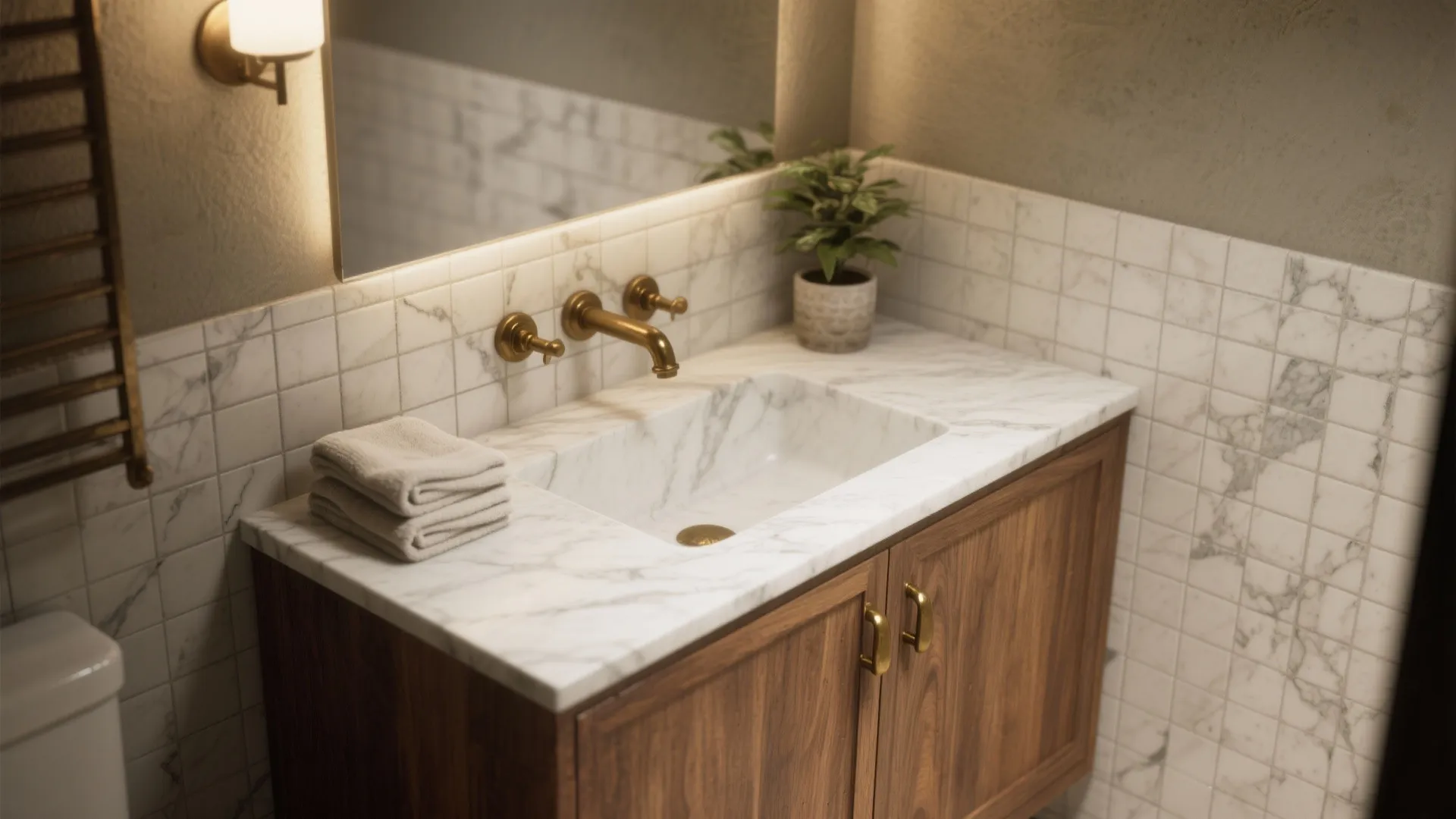 3. Marble vanity with warm wood base and brass hardware