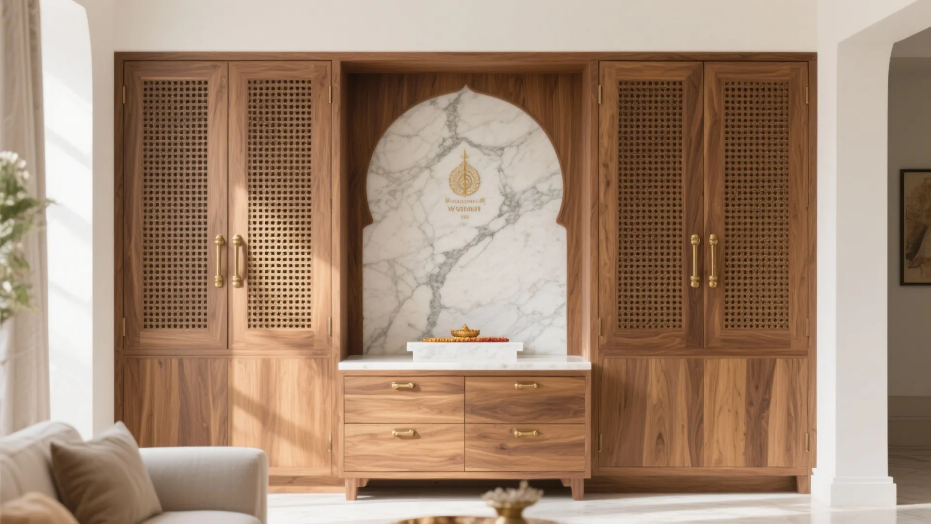 Large wooden wall cabinet featuring a white marble center piece and elegant gold door handles