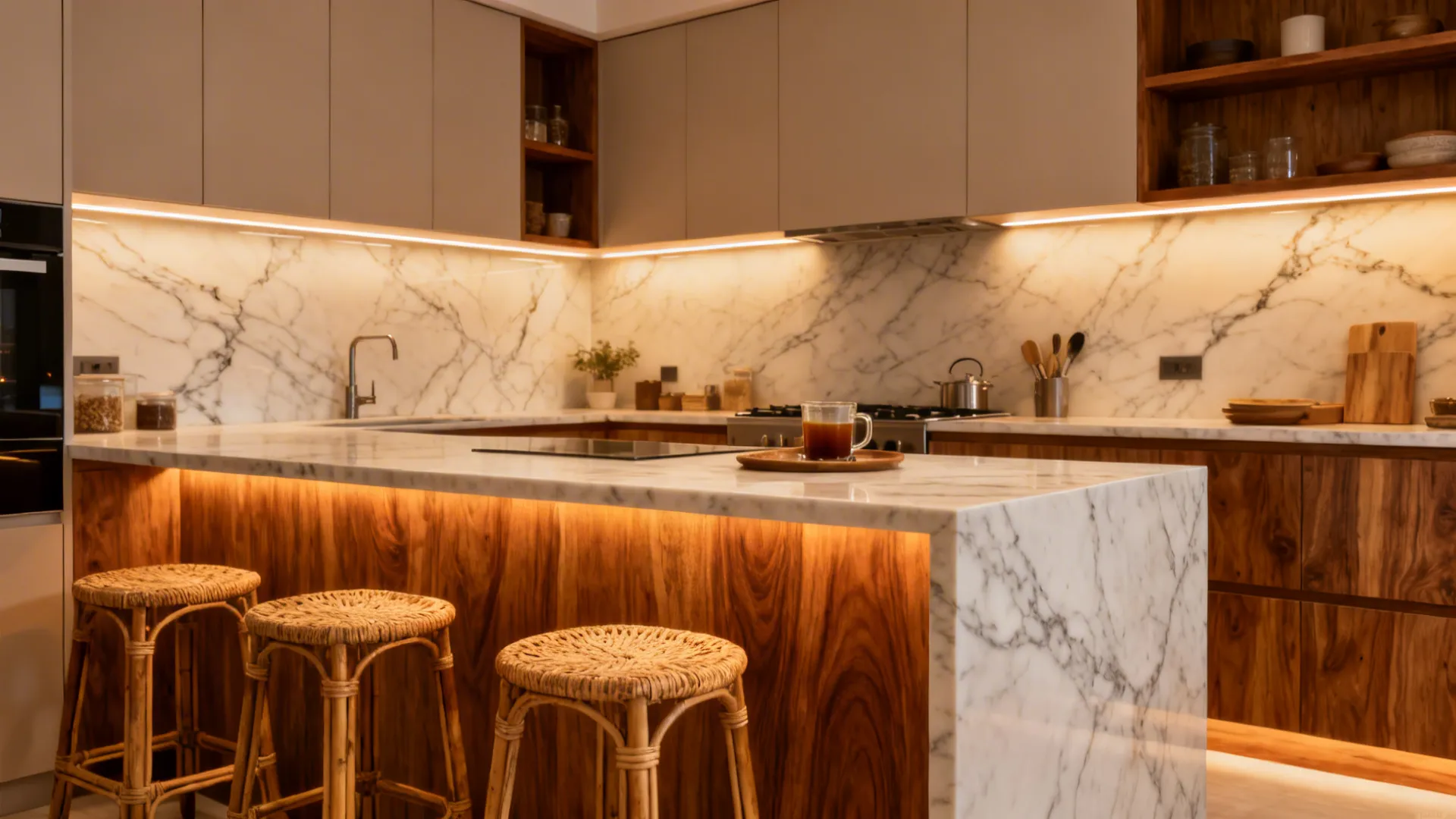 Light marble surfaces paired with warm acacia wood cabinets and shelves