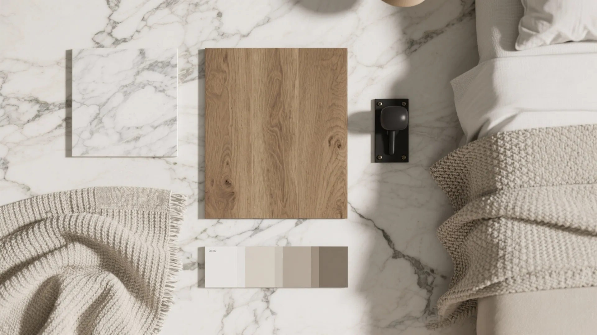 Mix marble with warm wood and textured fabric