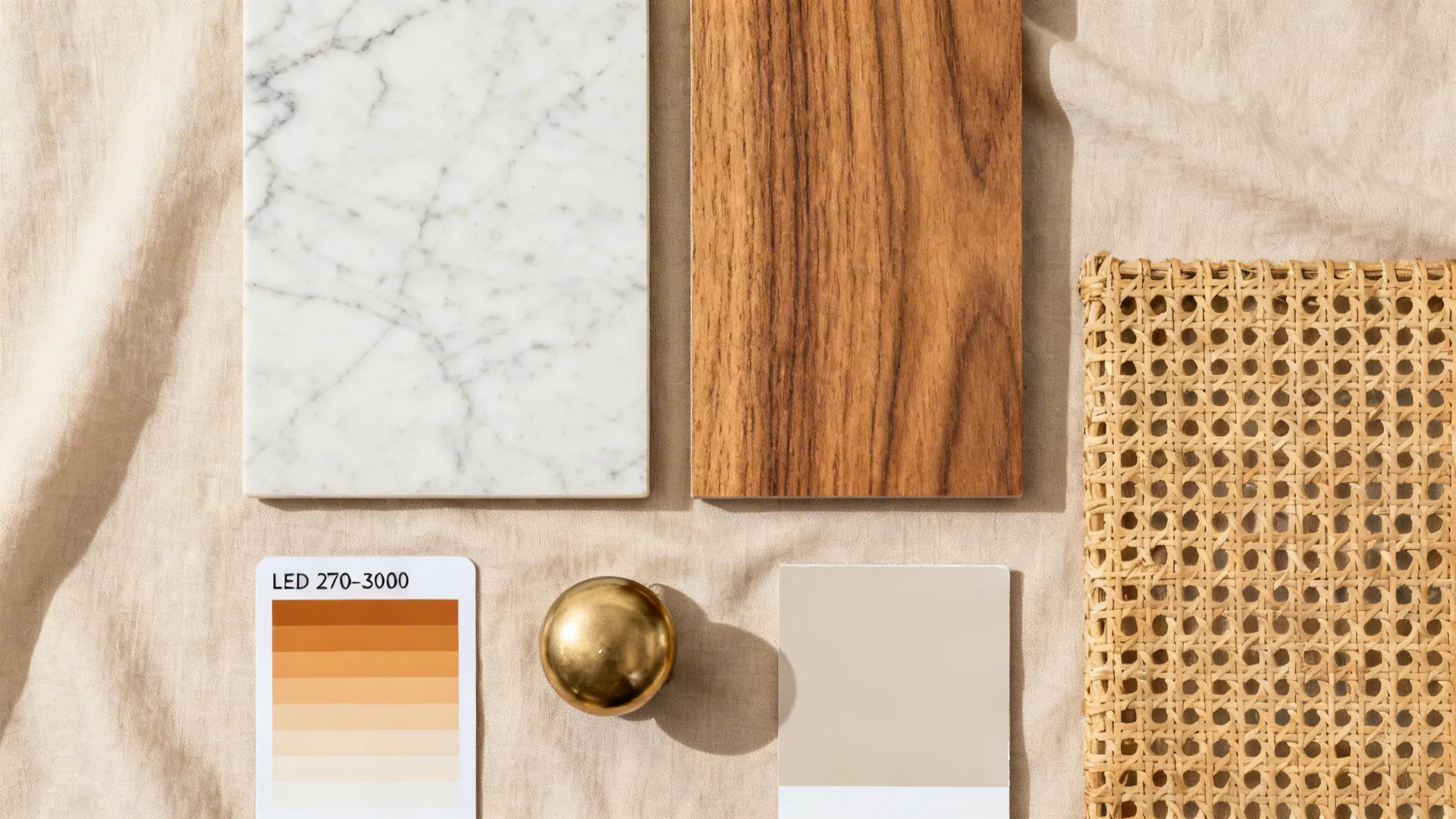 Flat lay of light marble, acacia veneer, warm LED tone, brass, and rattan