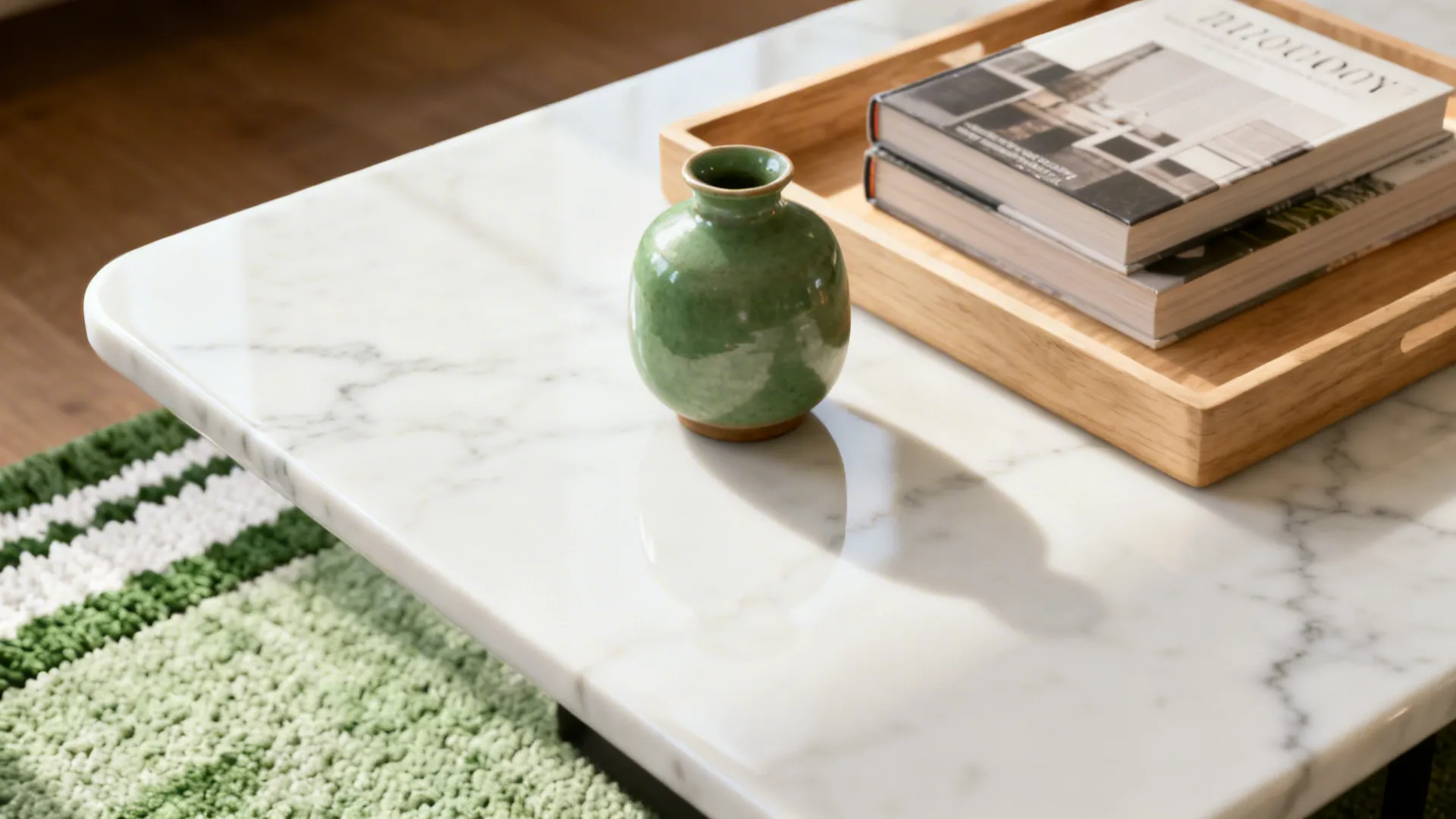 Marble tabletop with green ceramic vase and light oak tray in a styled vignette.