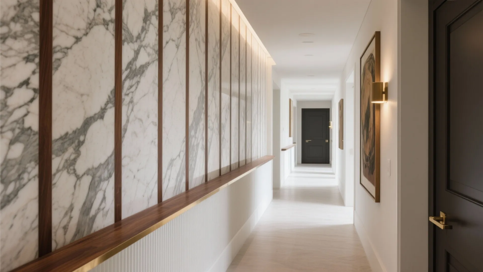 Long hallway featuring marble wall panels with vertical wood strips and a dark black door