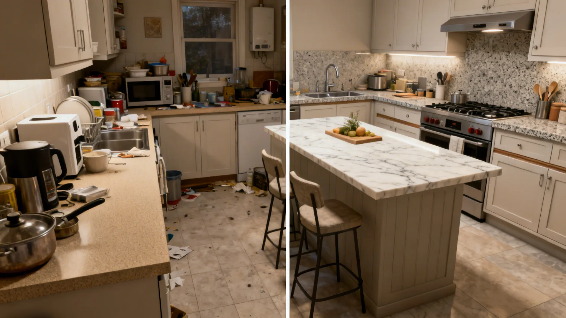 Before-after of a compact kitchen showing marble used on social prep zones and durable surfaces at sink and stove