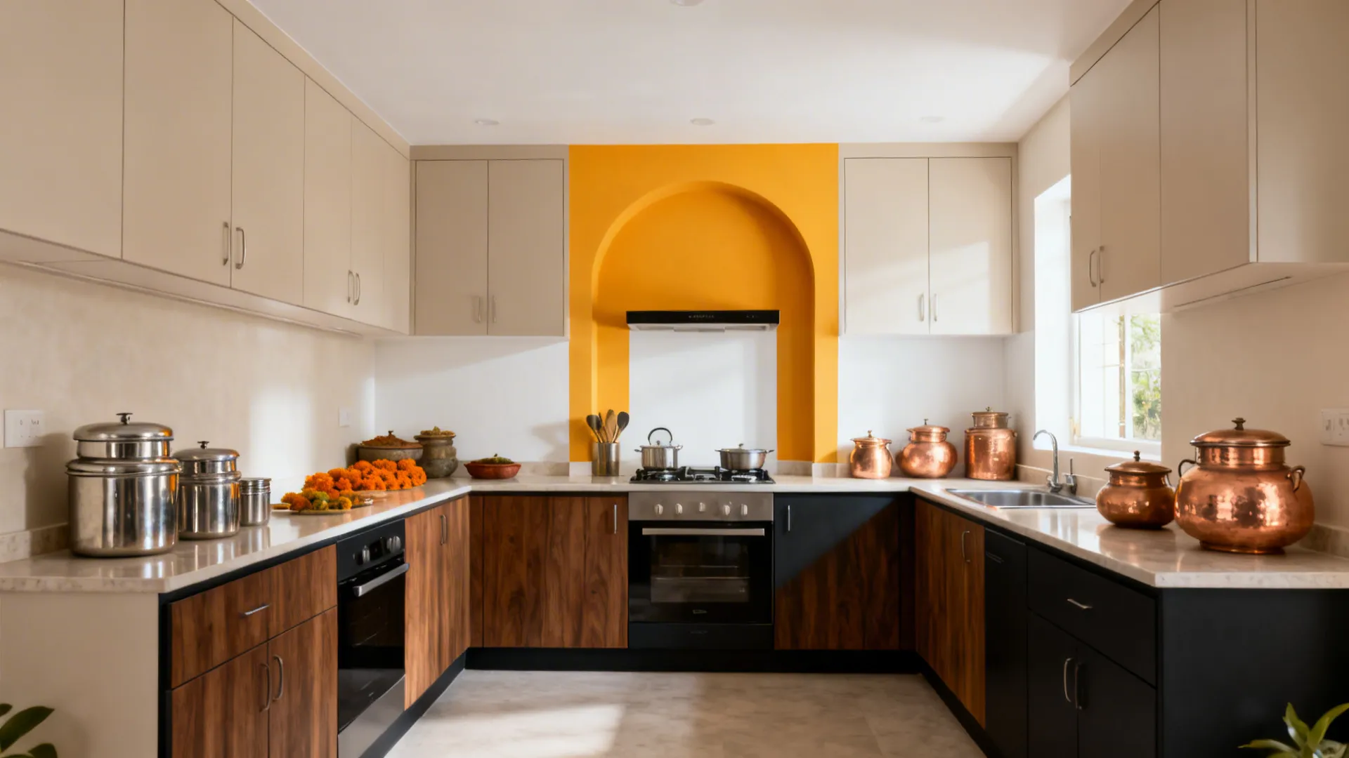 Compact kitchen with a softened marigold accent and walnut or charcoal cabinets.