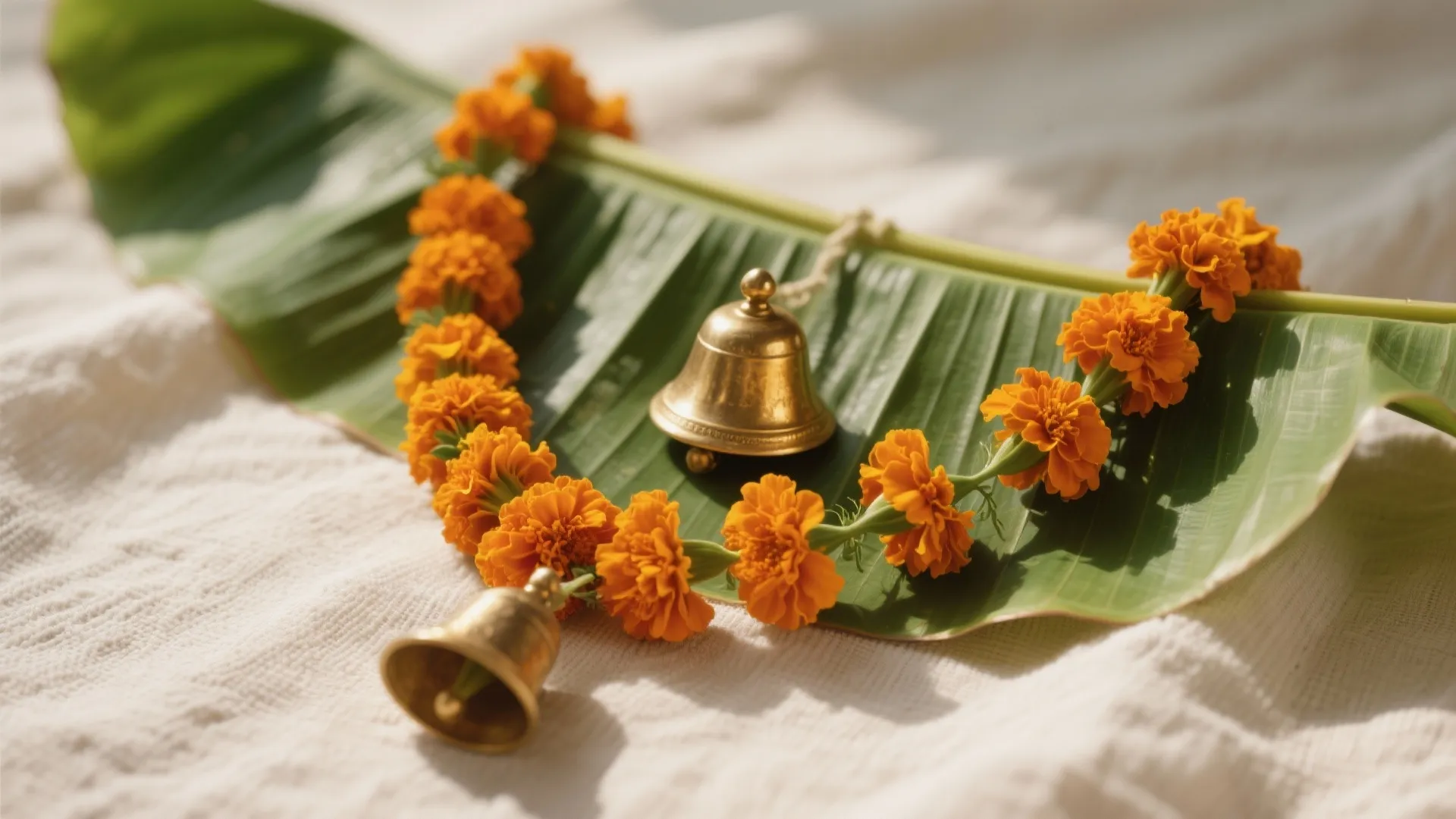 Orange flower garland with small brass bells resting on a large green leaf background scene