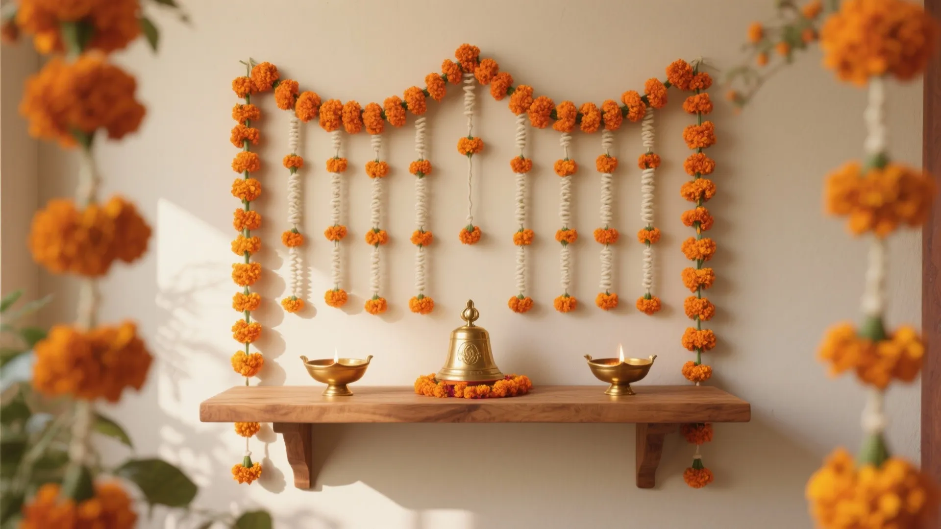 Orange flower garlands on white wall above wooden shelf with gold lamps and brass bell