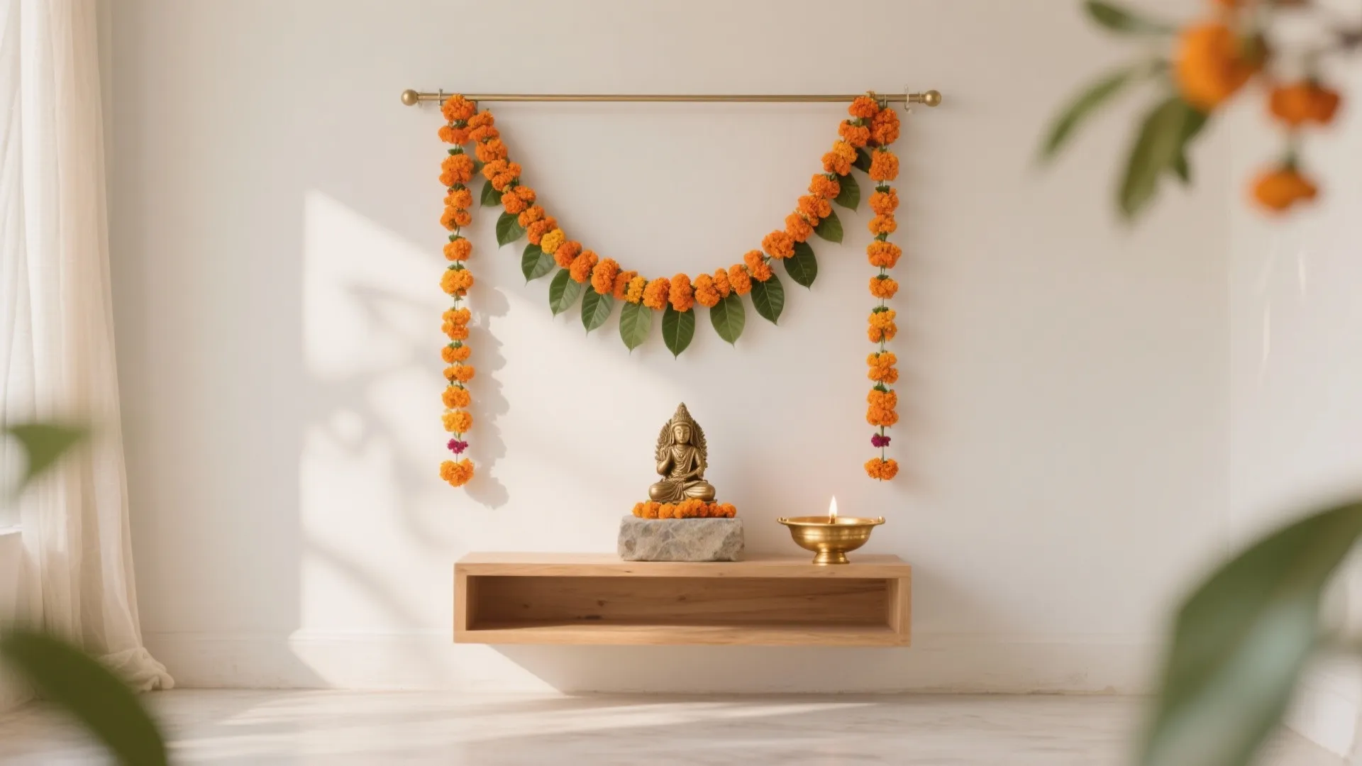Marigold Garland Backdrop With Mango Leaves