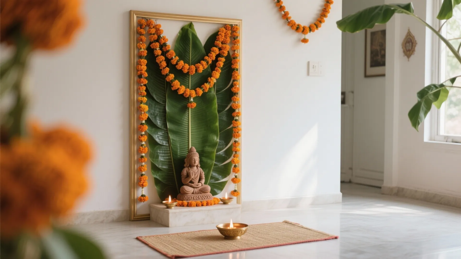 Minimal Marigold Mandap with Banana Leaves