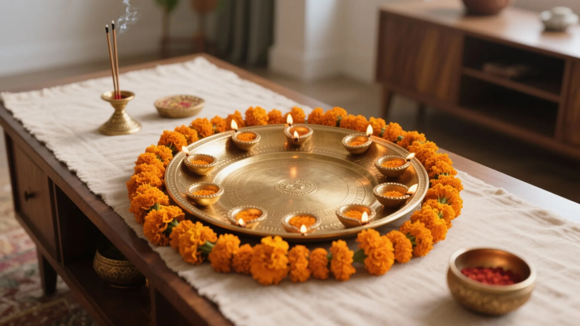 Brass thali with a dense marigold ring and safely spaced diyas on a wooden console.
