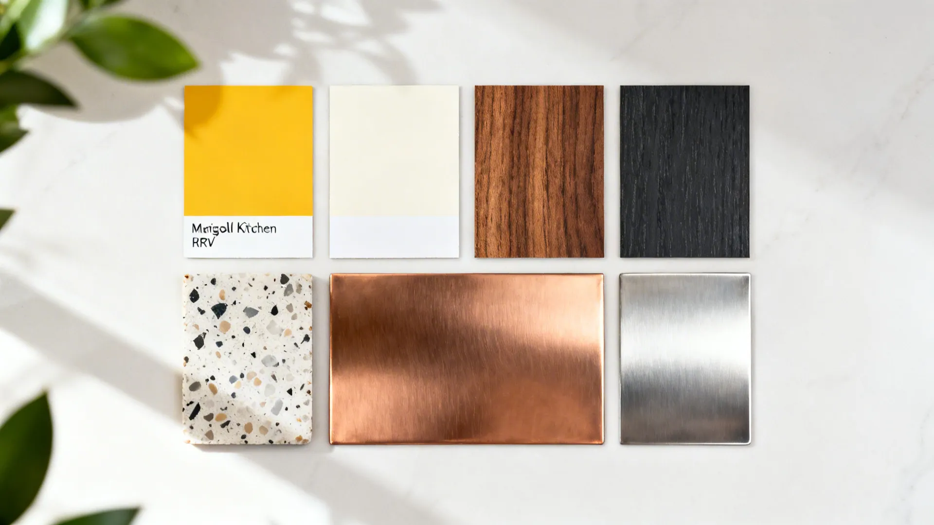 Flat lay of marigold and neutral materials with walnut, charcoal, copper, and terrazzo.