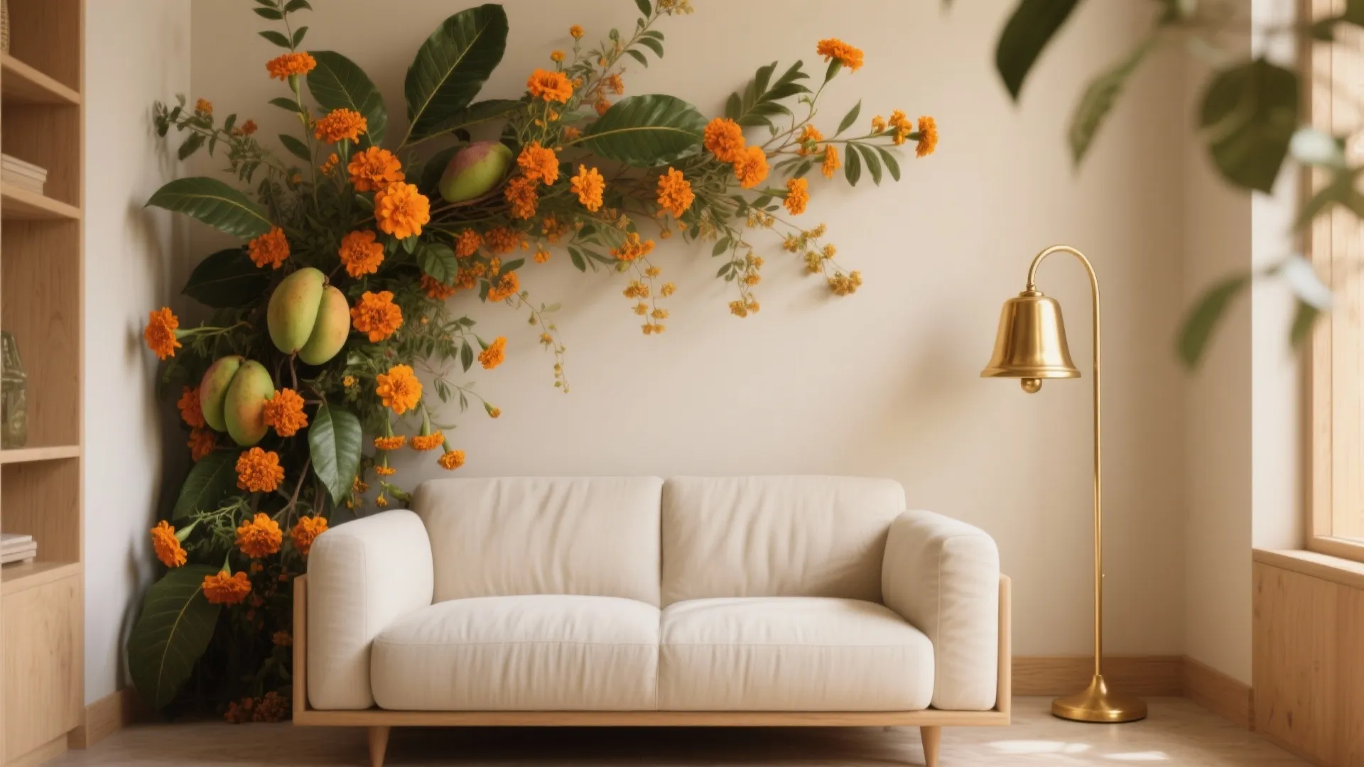 White sofa with floral wall decoration orange flowers green leaves and a gold floor lamp light