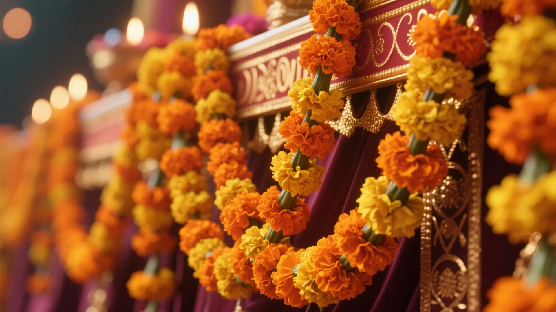 Fresh marigold garlands drape along stage edges for Diwali